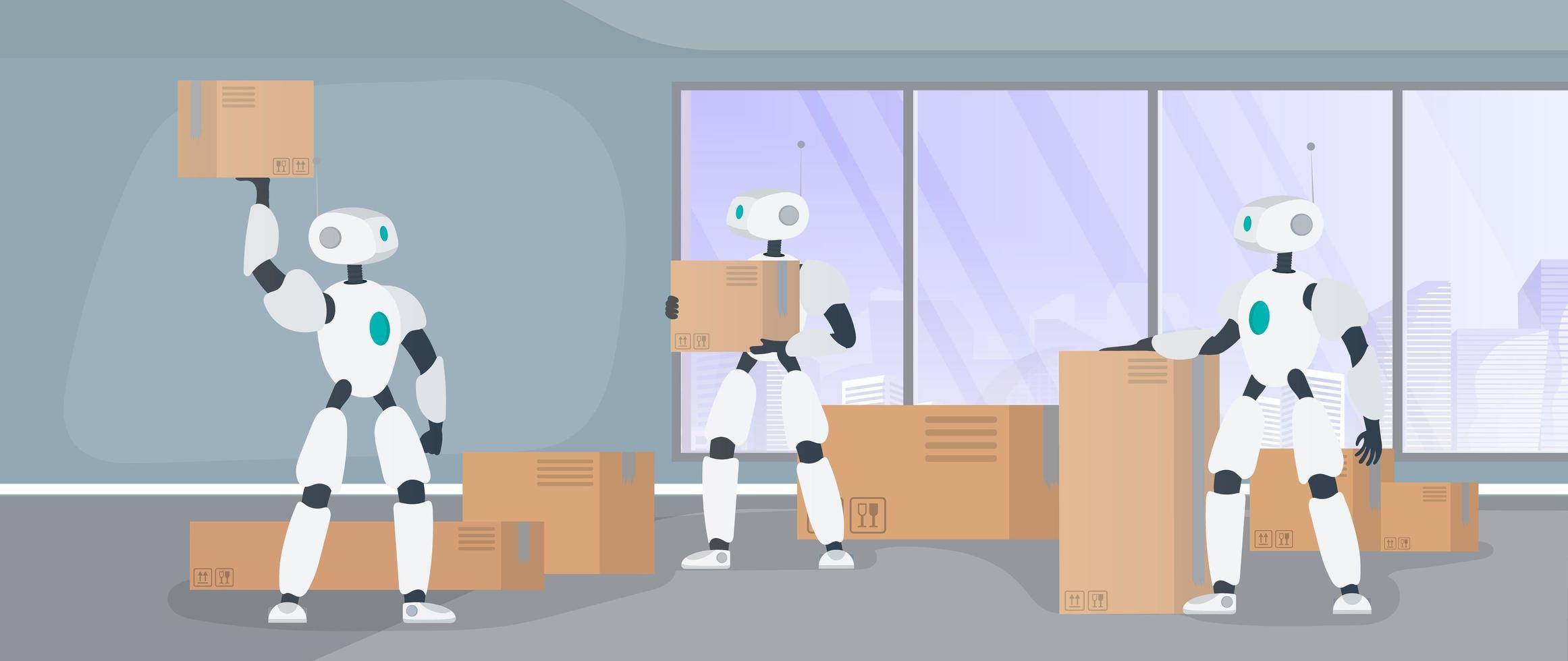 Robots work in a manufacturing warehouse. Robots carry boxes and lift the load. Futuristic concept of delivery, transportation and loading of goods. Vector. vector