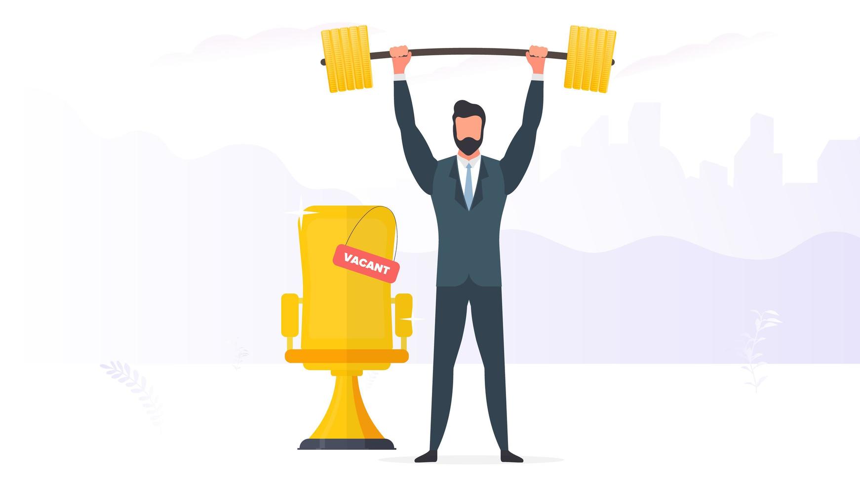 A businessman stands with a mountain of coins and raises the barbell. A man in a suit with a barbell. The concept of a successful business and revenue growth. Vector. vector