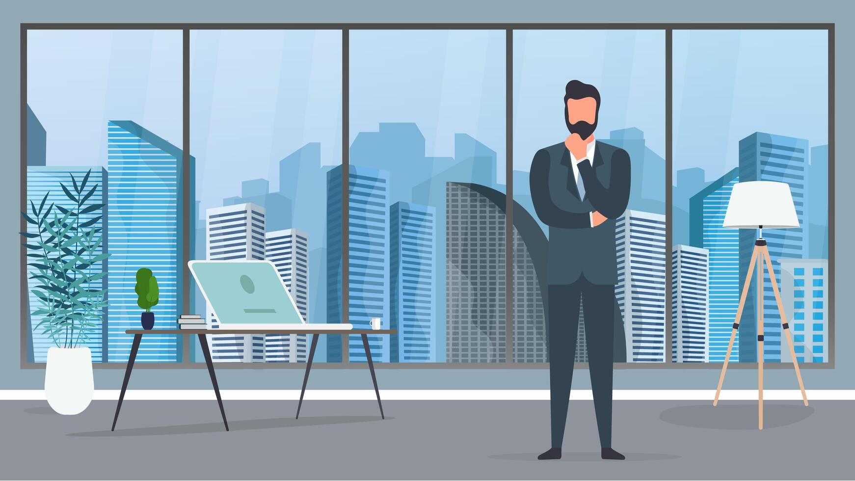 A businessman in a business suit is sitting at his office. Businessman posing thoughtfully. . vector
