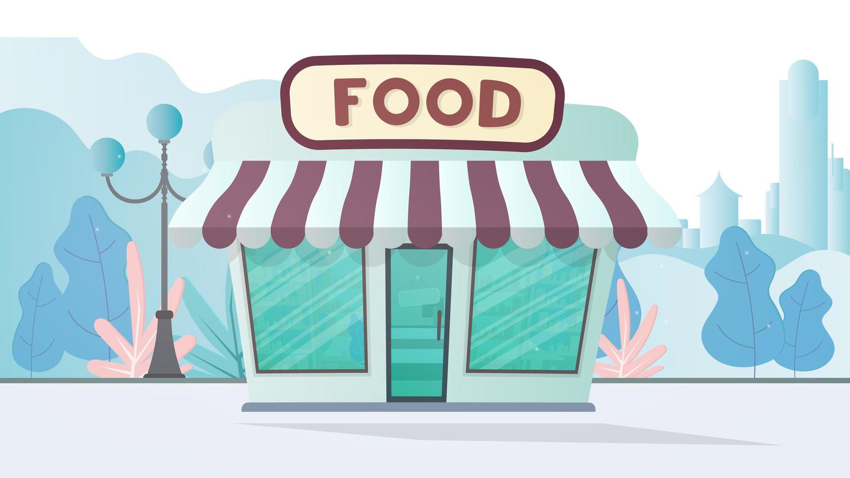 Grocery store in the center of the park. Park, grocery store, flat style. Vector illustration