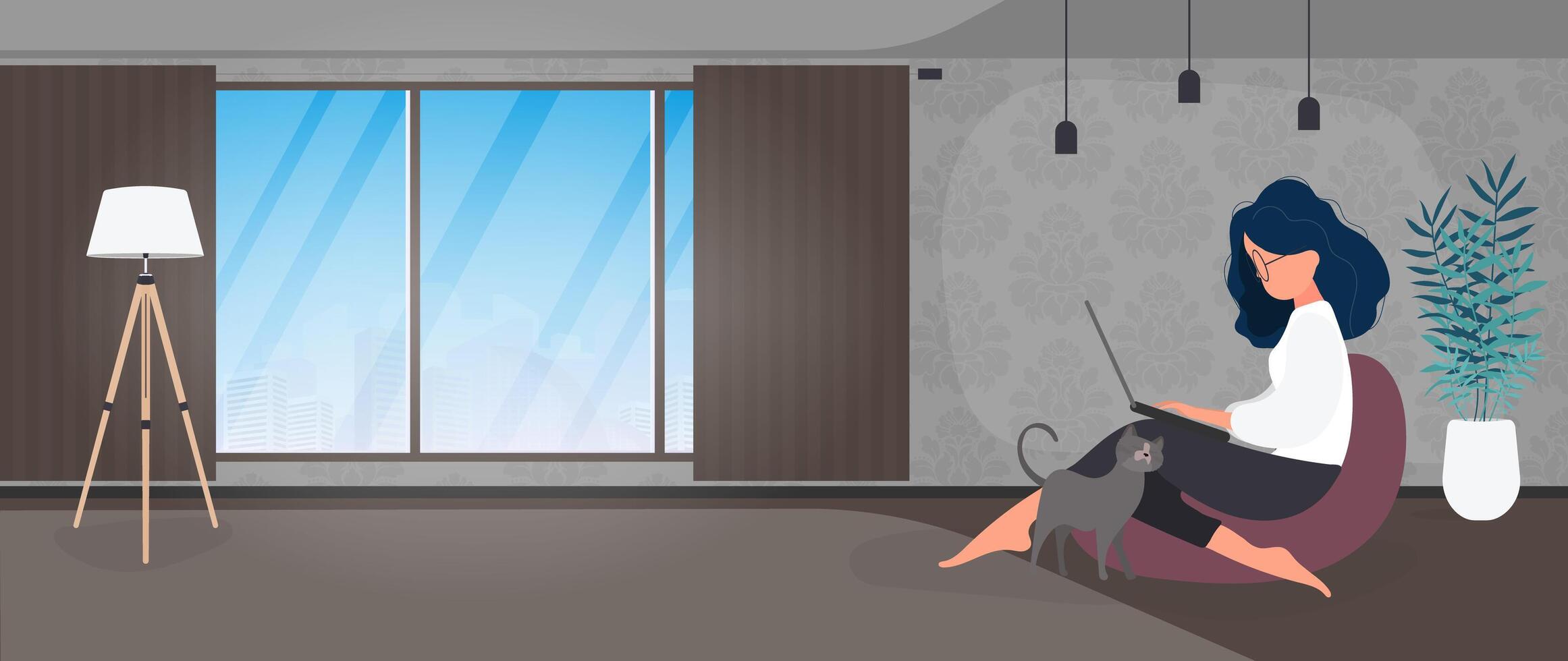 The girl sits on an ottoman and works at a laptop. A woman with a laptop sits on a large pouf. The cat rubs against the girls leg. The concept of comfortable work in the office or at home. . vector