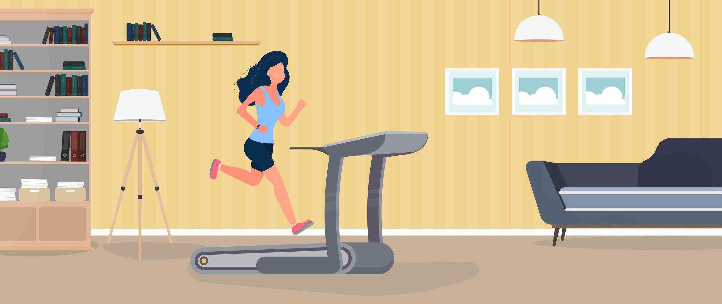 chica corre en una caminadora. la niña participa en un simulador de carrera. el concepto de deporte y estilo de vida saludable. gimnasio, máquina de ejercicios. vector. vector