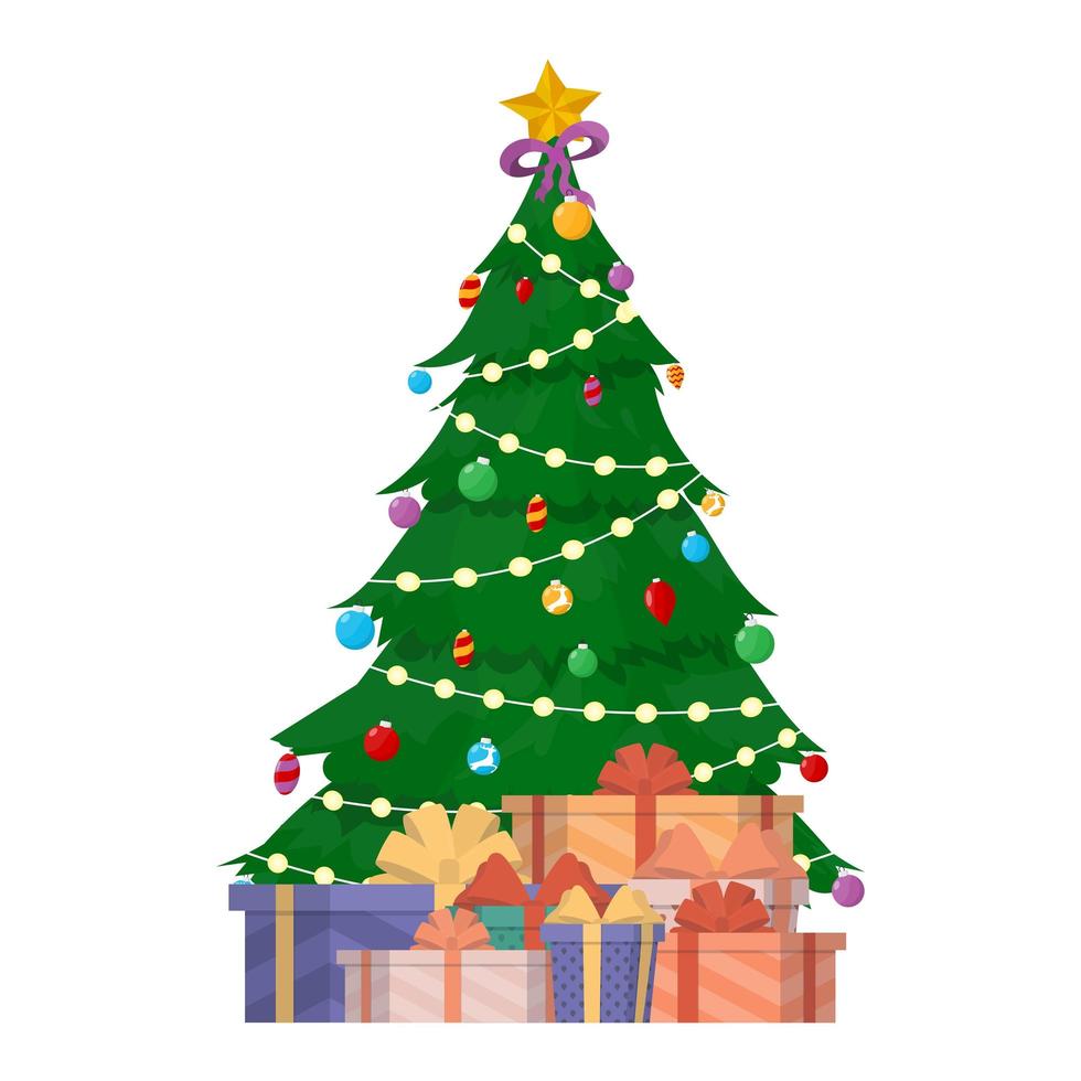 New Year banner with Christmas tree and gifts. Green coniferous tree. Gifts under the tree. Vector. vector