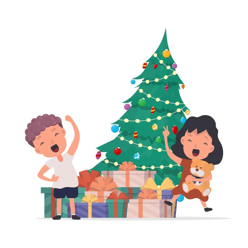 niños felices con regalos. niños felices, cajas de regalo, árbol de navidad. aislado. vector. vector