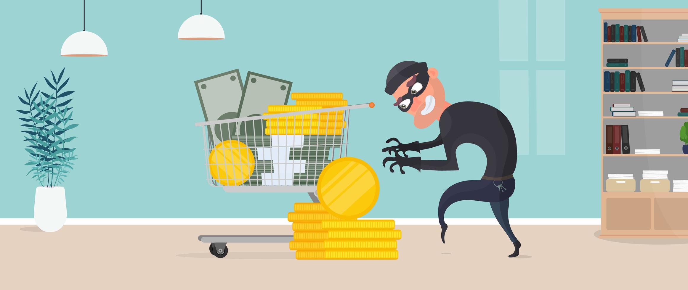 The robber steals money. The criminal steals gold coins. Robbery and finance security concept. Flat style, vector. vector