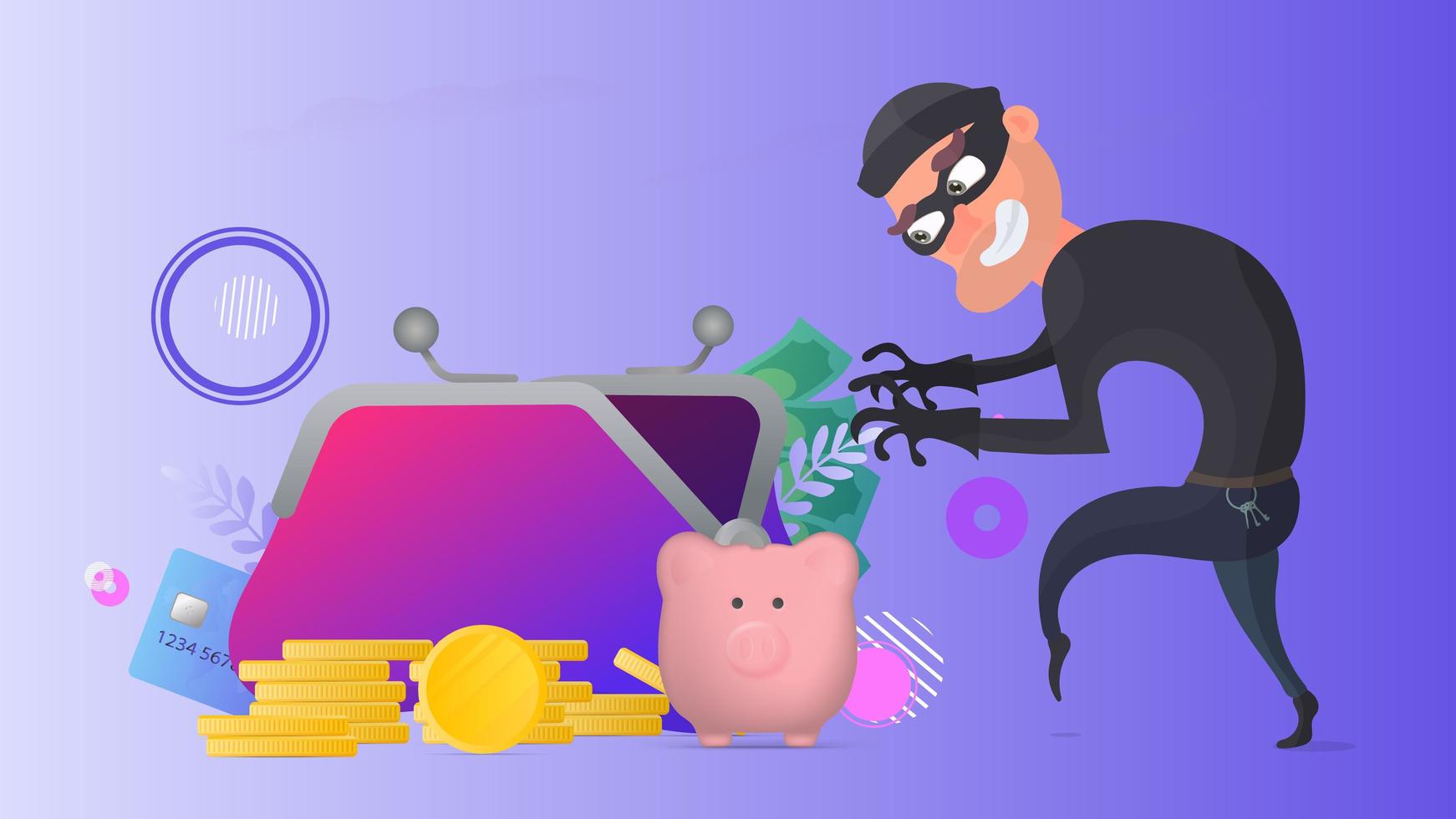 A thief steals money. Big wallet, credit card, gold coins, dollars. The concept of robbery and fraud. Vector. vector