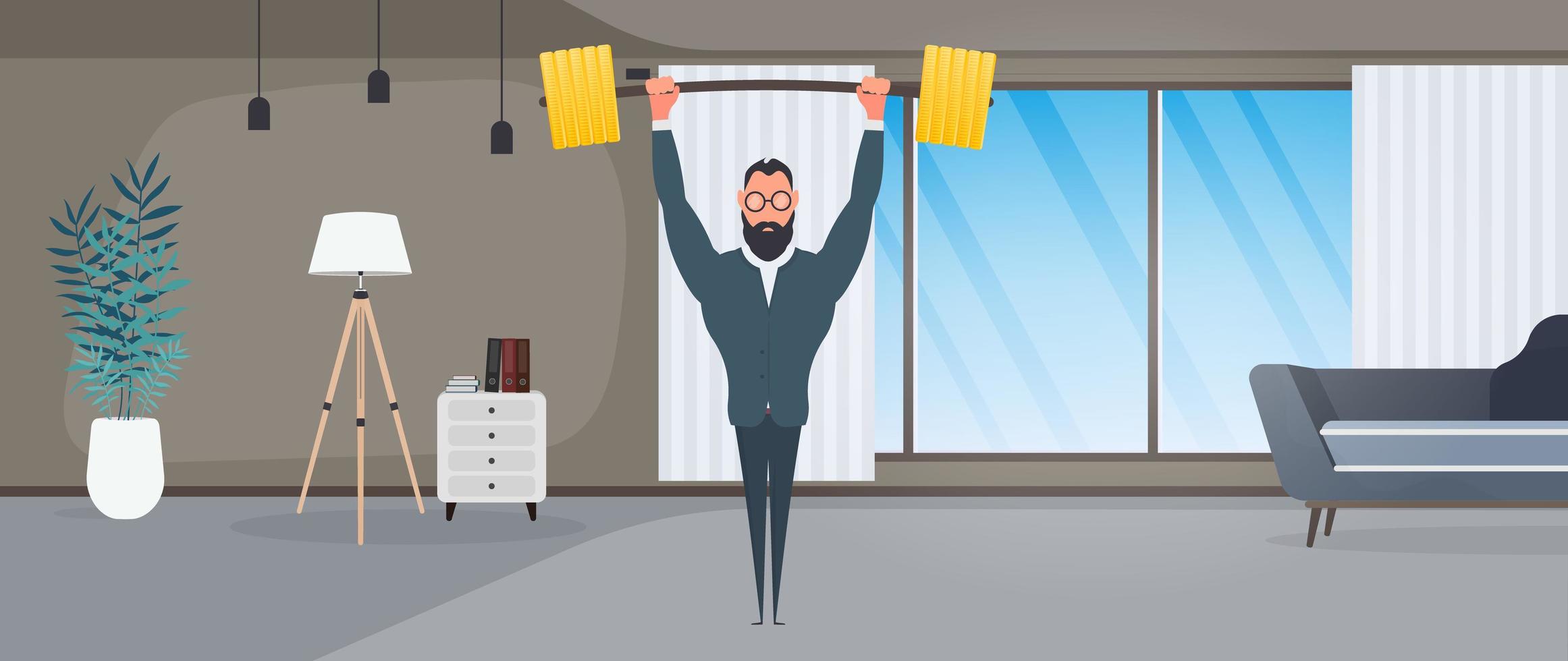 Businessman raises the barbell with gold coins. A man in a suit with a barbell. The concept of a successful business and revenue growth. Vector. vector