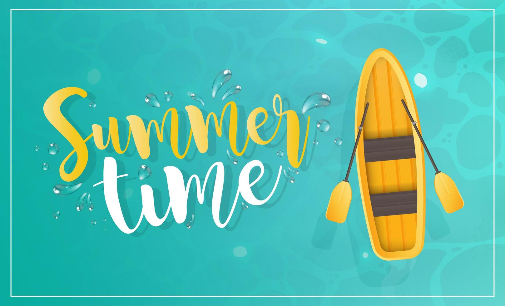 Summer time banner. Yellow boat with oars. Turquoise water surface in the ocean. View from above. Vector. vector