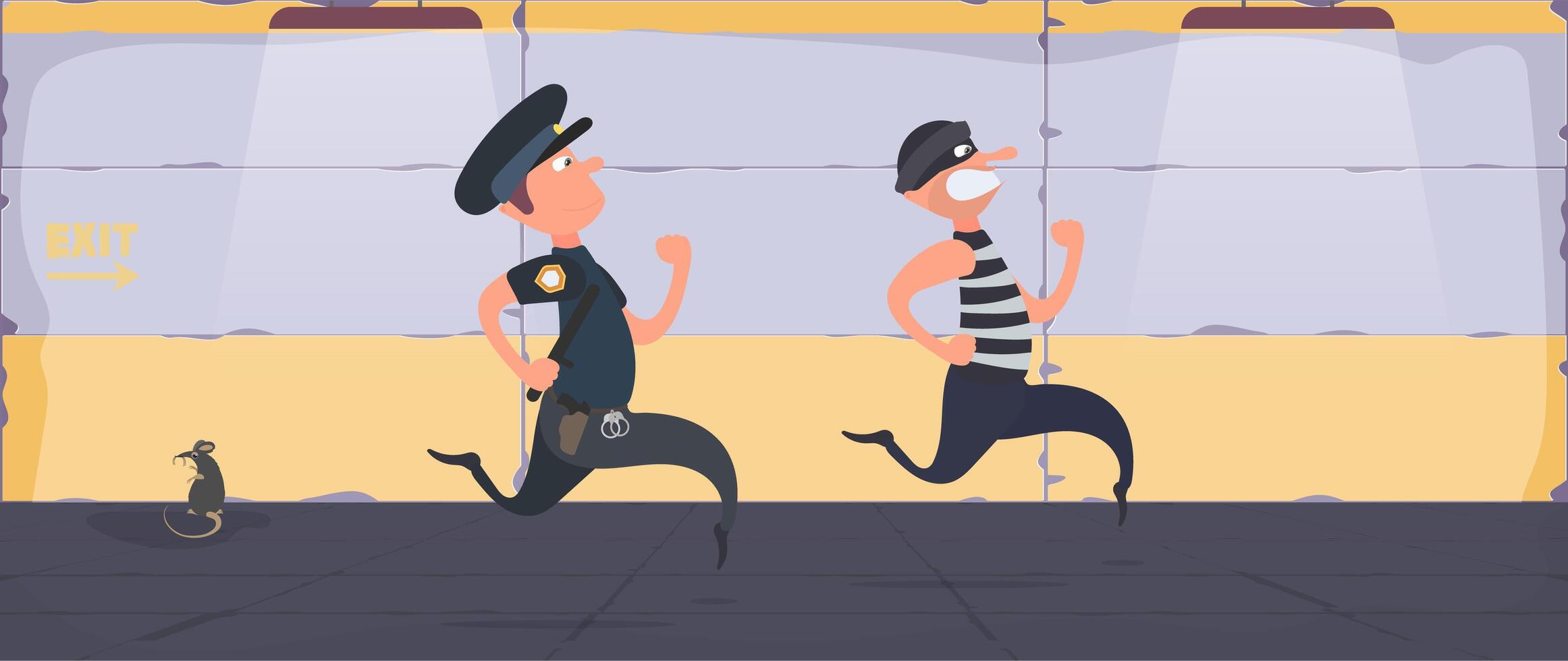 un preso se escapa de la prisión. escapar del criminal. el policía corre tras el criminal. estilo de dibujos animados vector. vector