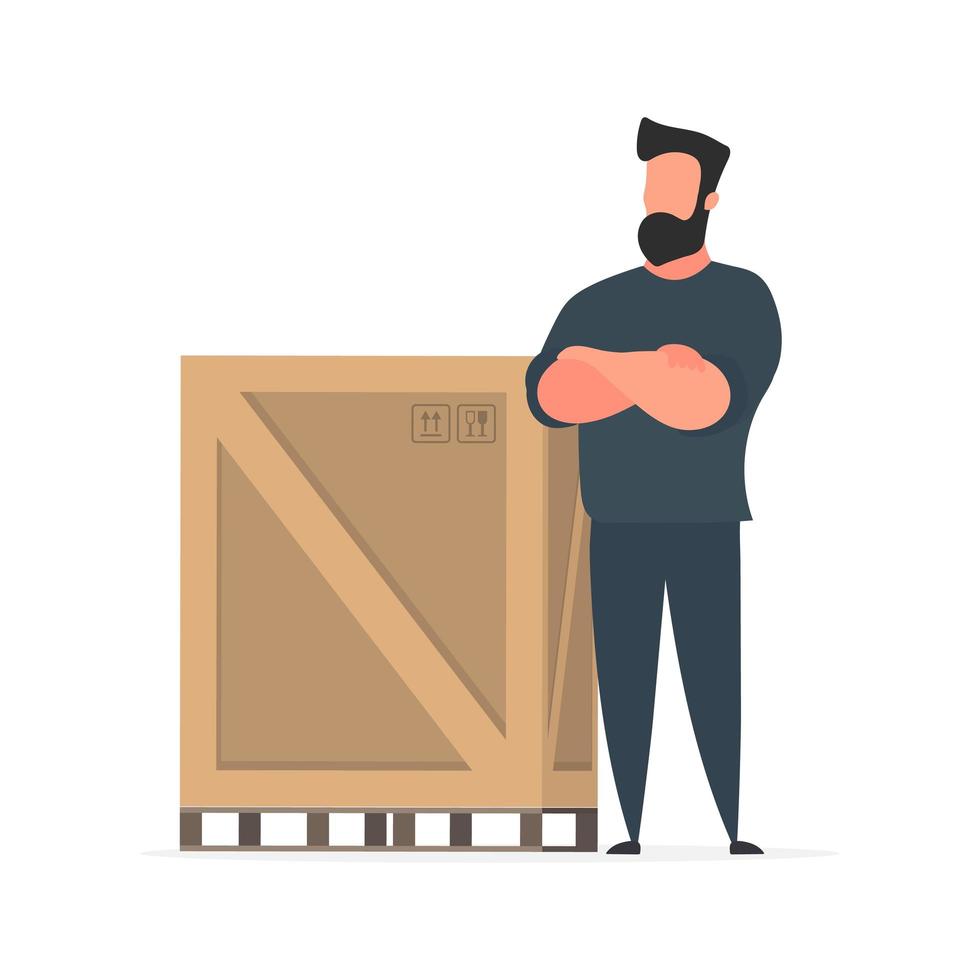 un hombre se para con una gran caja de madera. palet grande. concepto de entrega y transporte. aislado. vector. vector