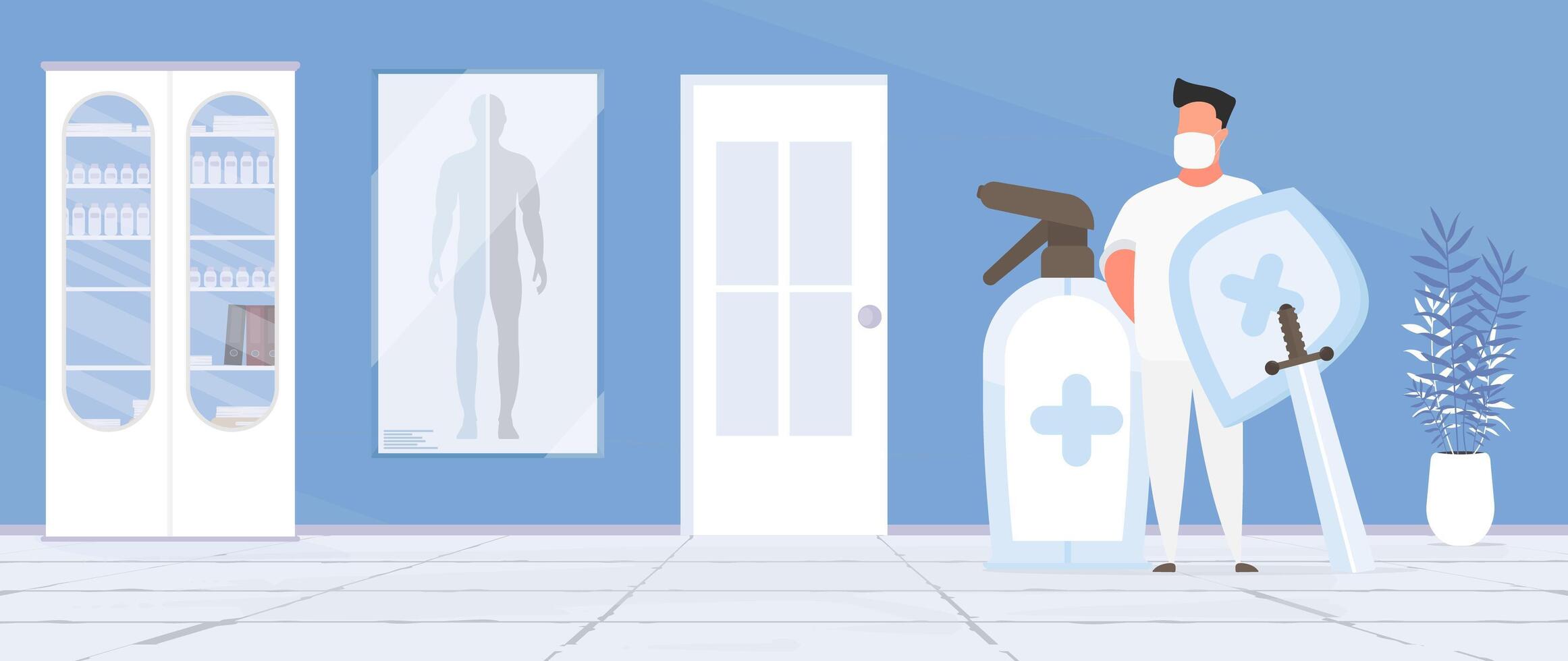 A medic in a white suit with a shield and a sword. Doctor in a medical mask. Medical office. Doctor's office. Cabinet, medicines. . vector