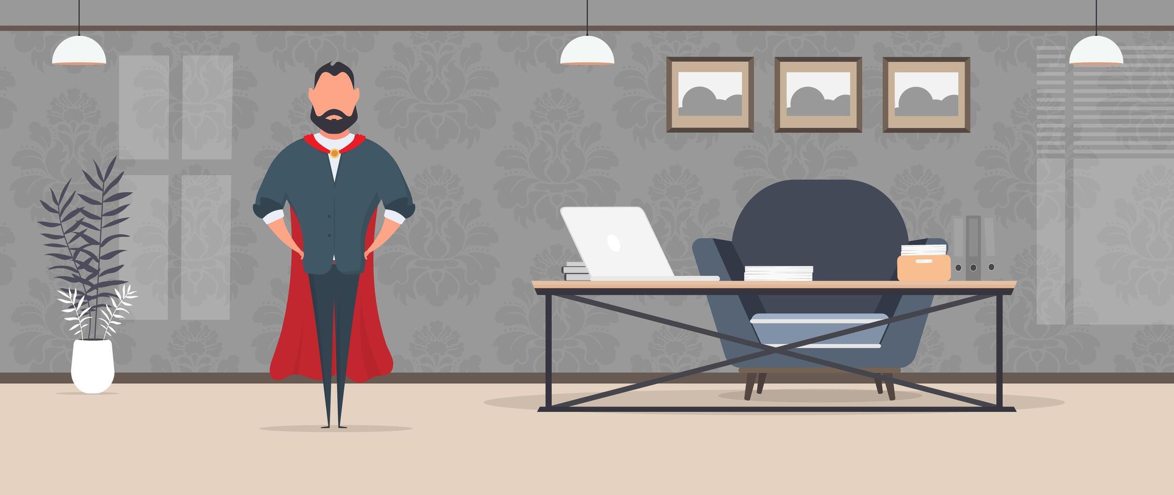 Director with a red cloak in the office. Businessman with a red raincoat. Loft-style room. Bright room. Workplace. Table with laptop, books and documents. Flower in a pot, wooden cabinet. . vector