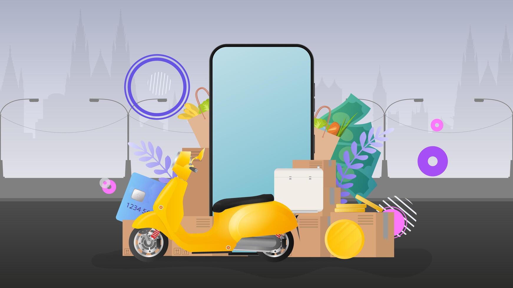 Online shopping banner. Yellow scooter with food shelf, telephone, gold coins, cardboard boxes, paper grocery bag. Online food ordering and delivery and delivery concept. vector