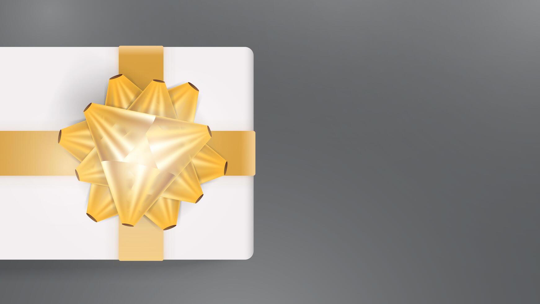 Gray background with realistic white gift box, gold ribbons and bow. Background with space for text. View from above. vector