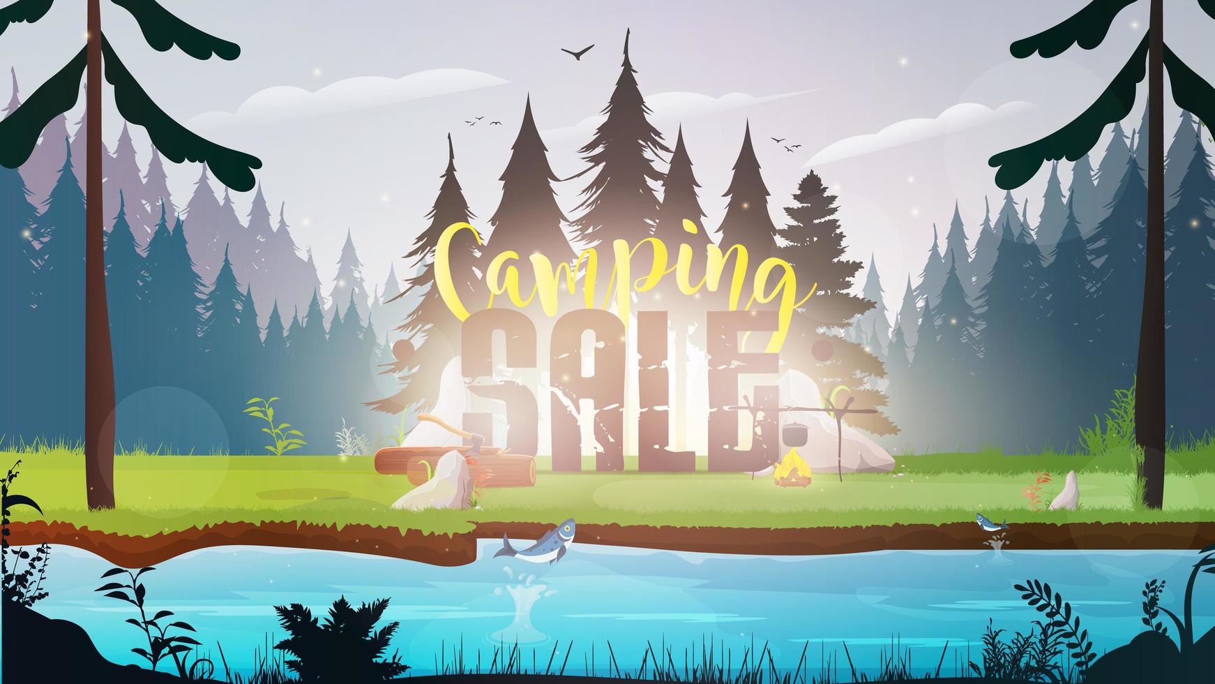 banner de venta de camping. mañana en el bosque. bosque con un río. claro. el pez salta fuera del agua. vector. vector