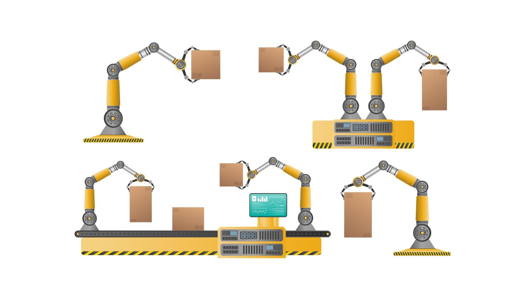 Automatic conveyor line with robotic arms. Automatic operation. Industrial robotic arm with boxes. Modern industrial technology. Appliances for manufacturing enterprises. vector