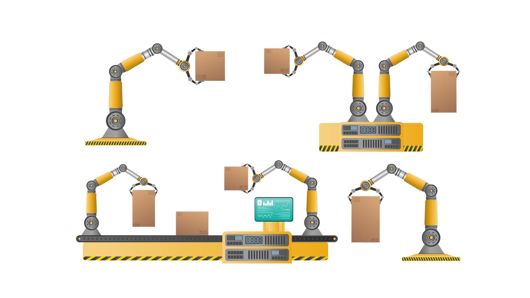 línea transportadora automática con brazos robóticos. operación automática. brazo robótico industrial con cajas. tecnología industrial moderna. electrodomésticos para empresas manufactureras. vector