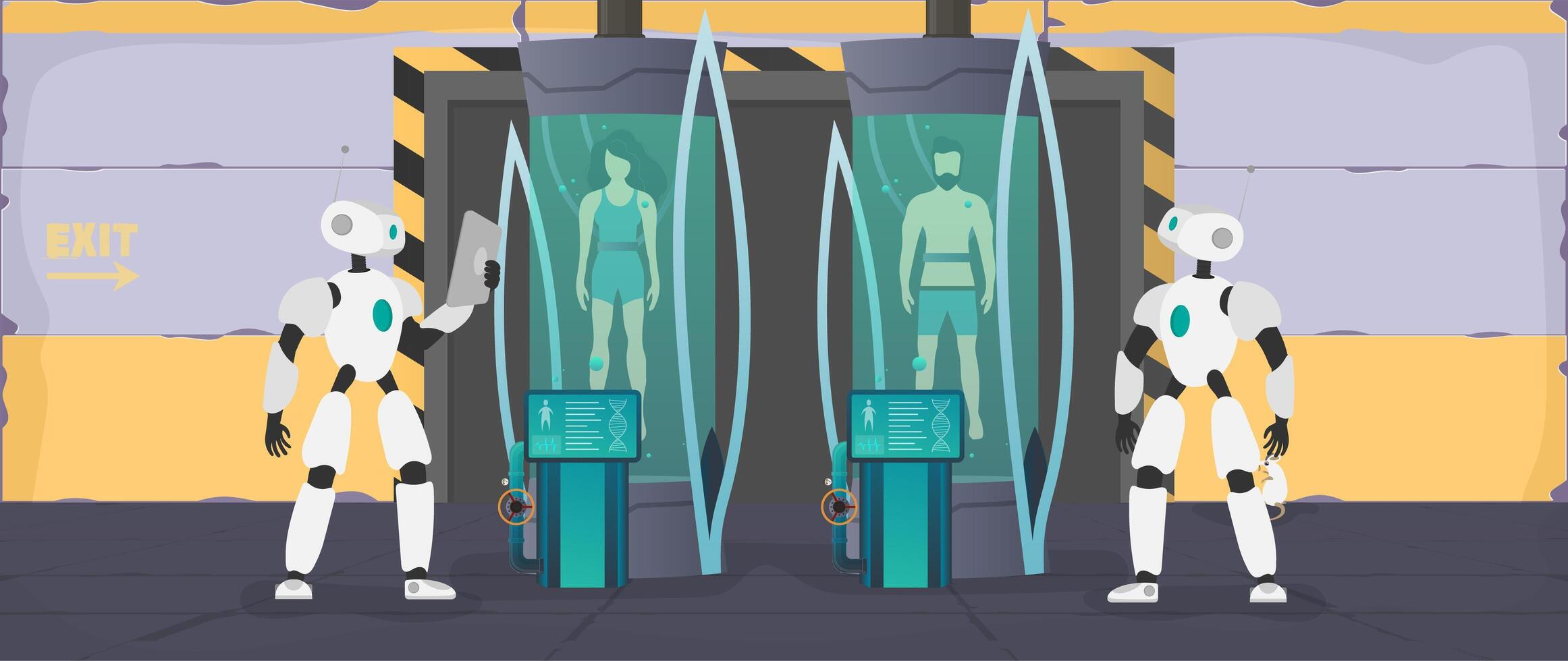 Two robots are standing in front of a door vector