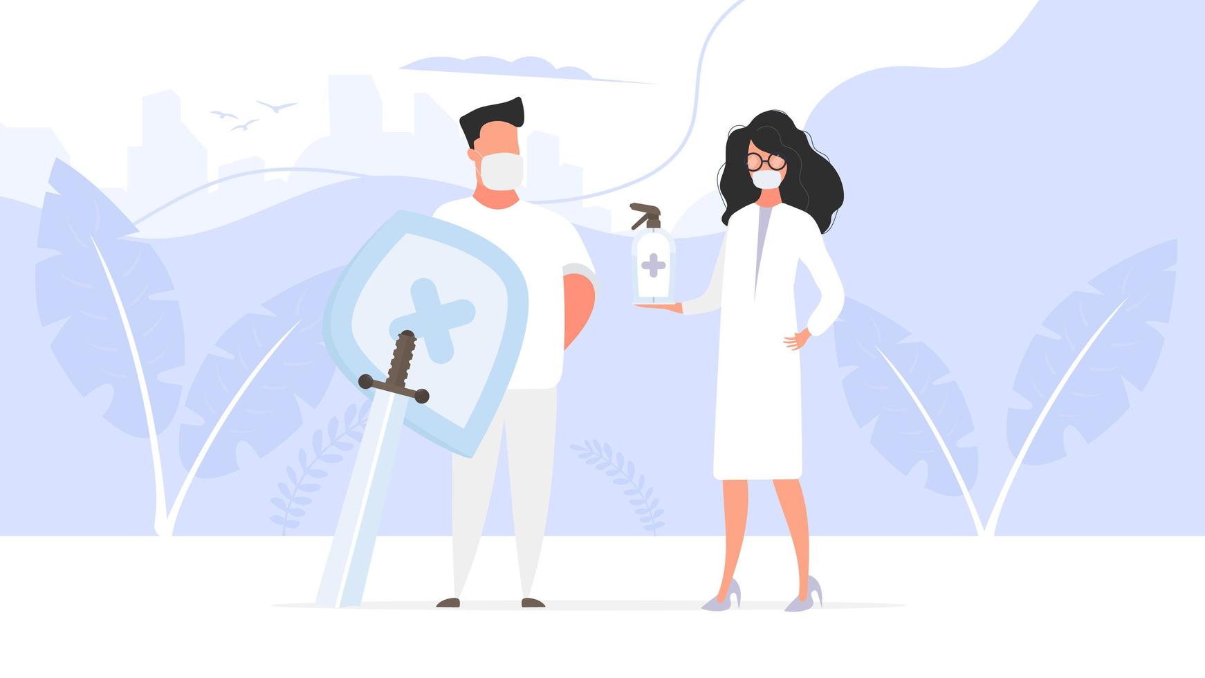 Man and Girl doctor. Medics in medical masks. Spray bottle. Sanitizer in a flat style. Vector. vector