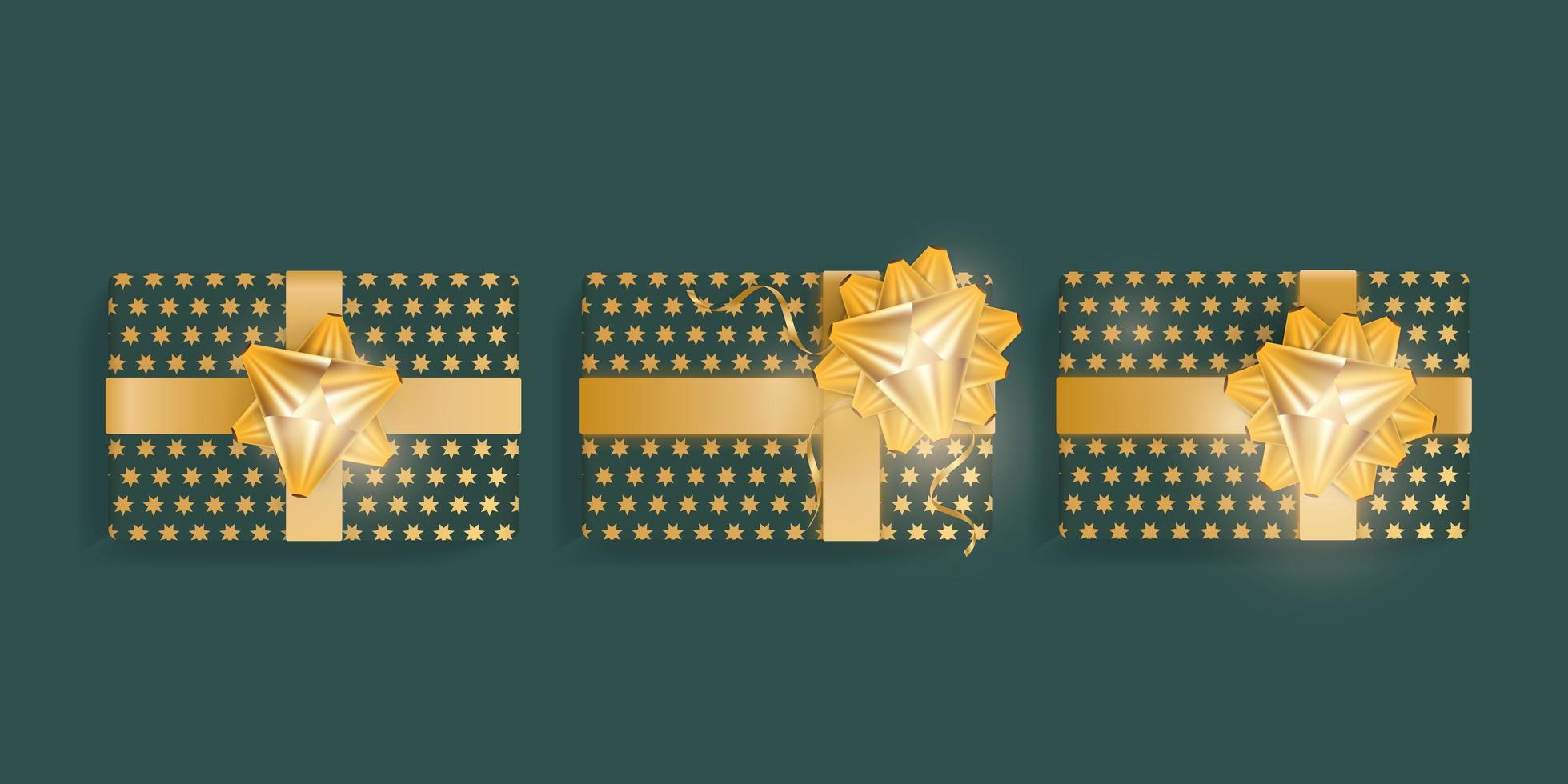 Set of Realistic Green Gift Boxes with Gold Stars, Gold Ribbons and Bow. View from above. Vector illustration.