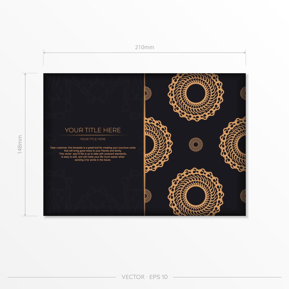 Dark black gold postcard template with white abstract mandala ornament. Elegant and classic elements ready for print and typography. vector