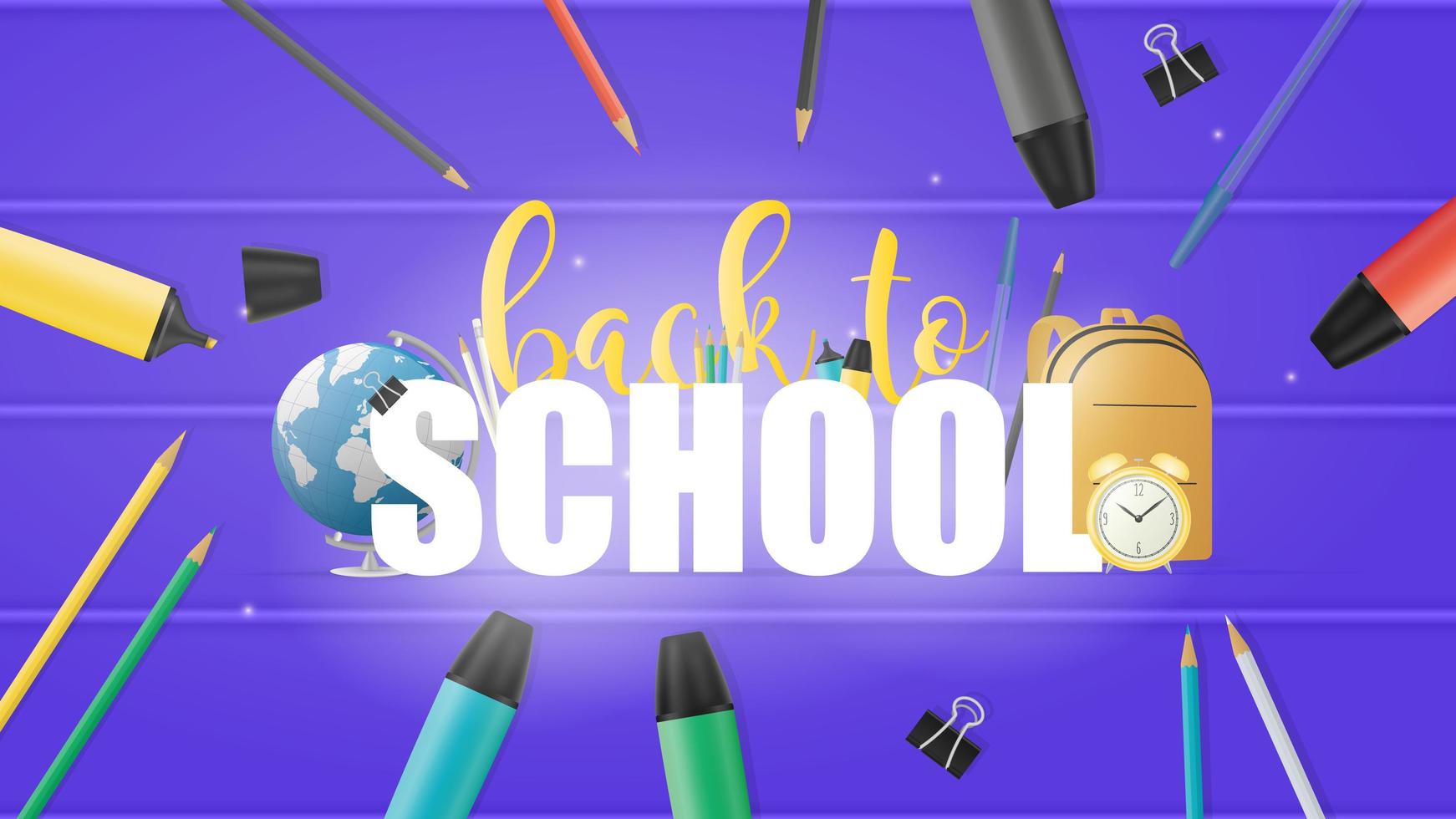 Back to school banner. Pens, markers, pencils, backpack, lettering. Vector. vector