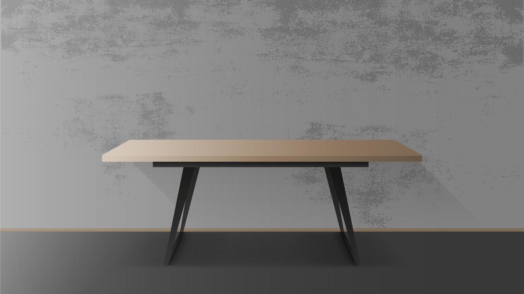 Wooden table with black metal base. Empty table, gray, concrete wall. Vector illustration
