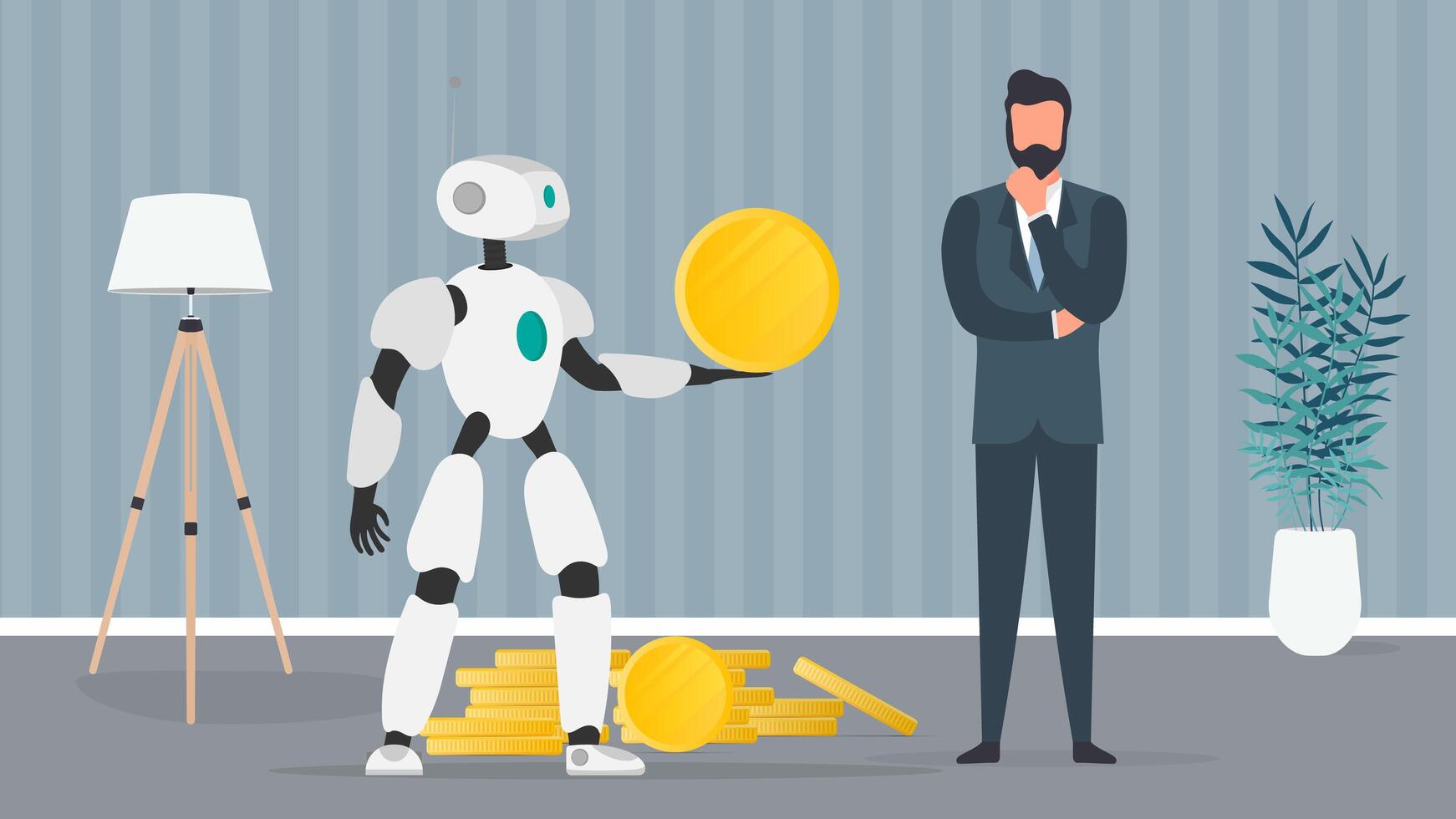 The robot gives a gold coin to a businessman. The robot brings profit to the business. The concept of earnings, profit and wealth. Vector. vector