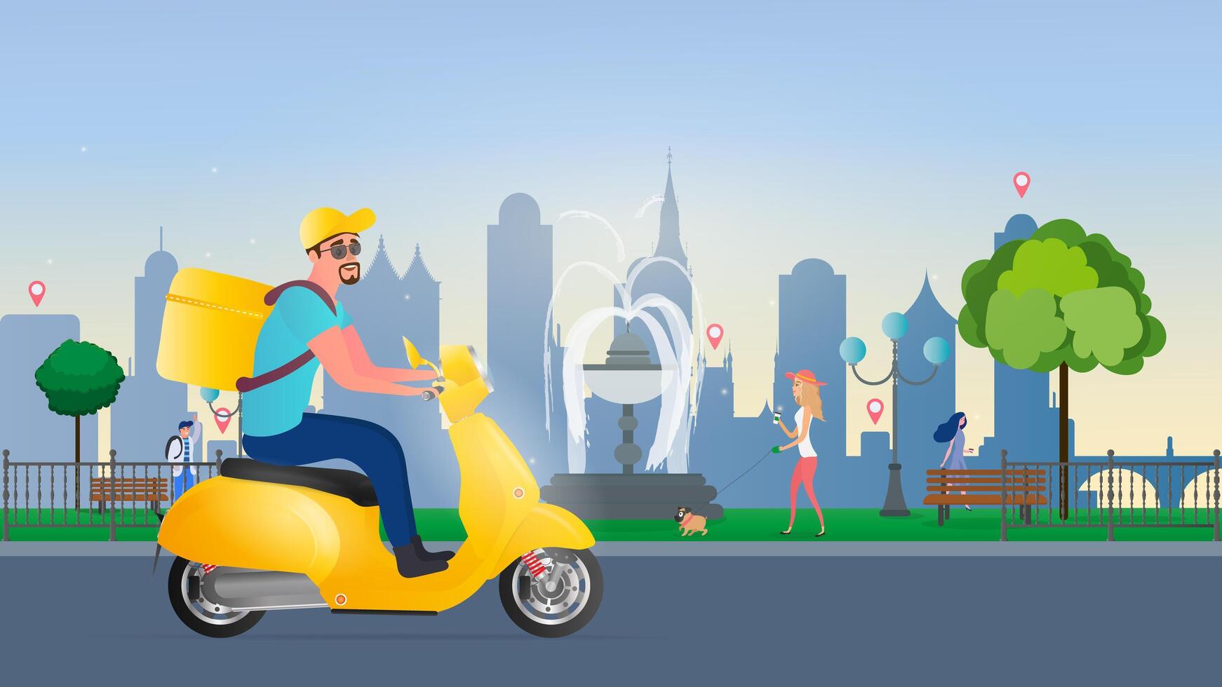 Food delivery on a scooter. A guy with a yellow backpack drives through the park. Yellow moped. The concept of food orders and delivery. Vector illustration