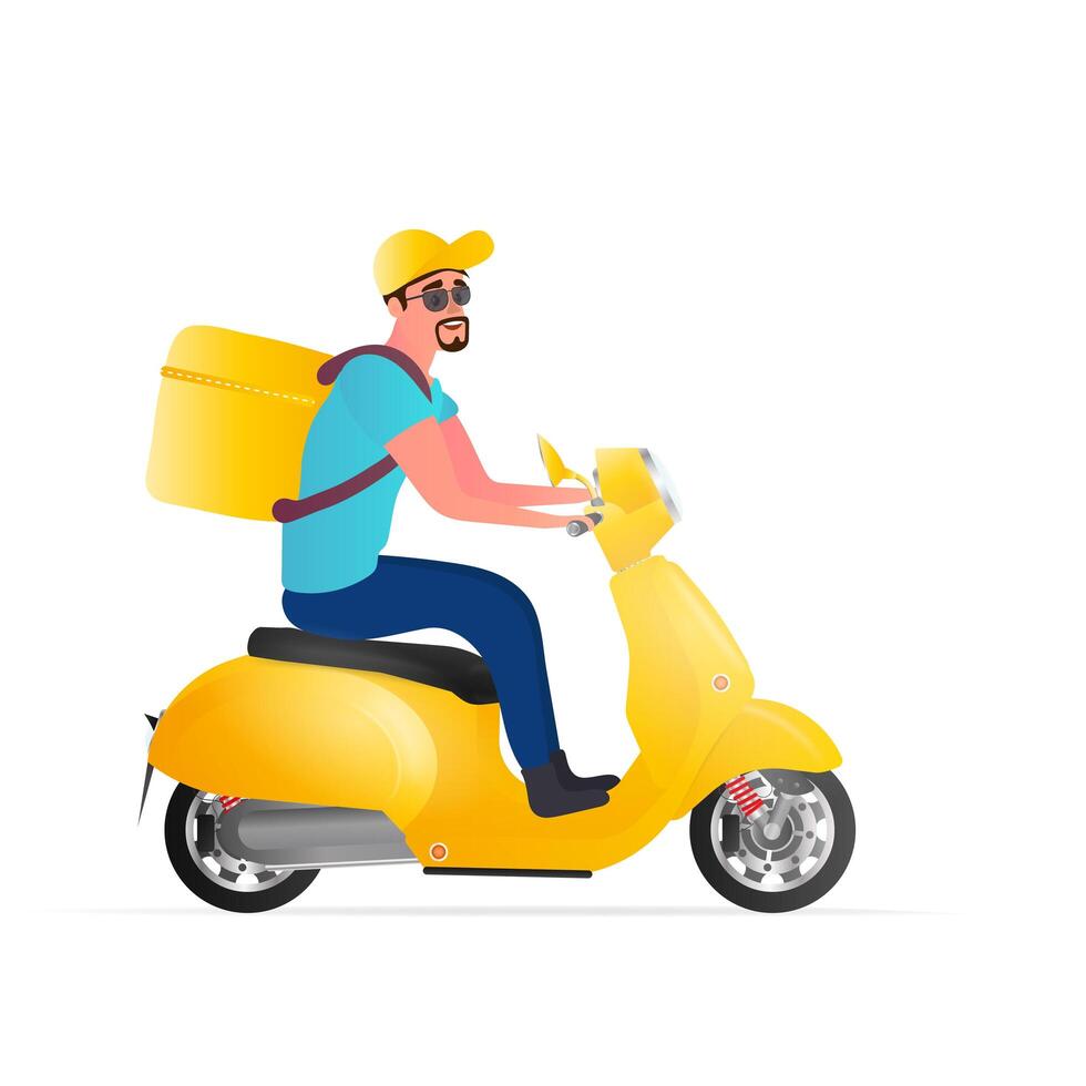 Food delivery on a scooter. A guy with a yellow backpack drives through the park. Yellow moped. vector