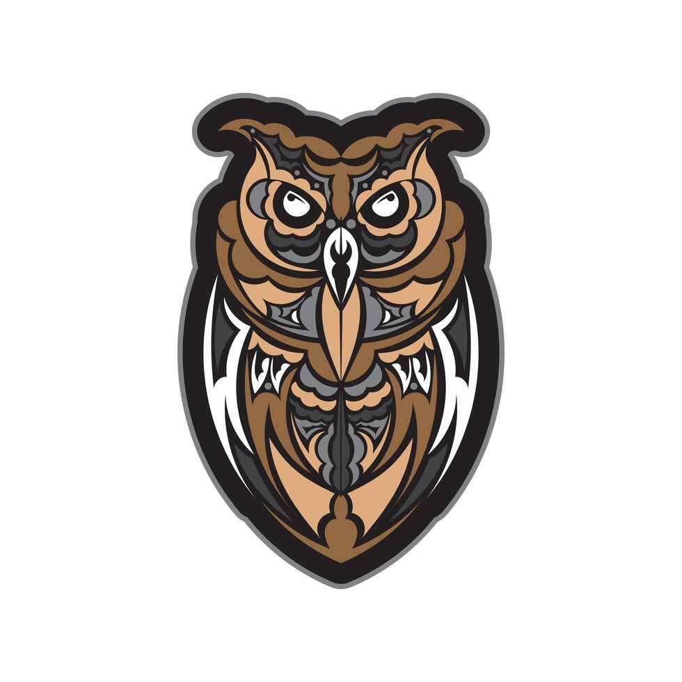 Colored print head of an owl. Polynesia and Maori patterns. Isolated. Vector illustration.