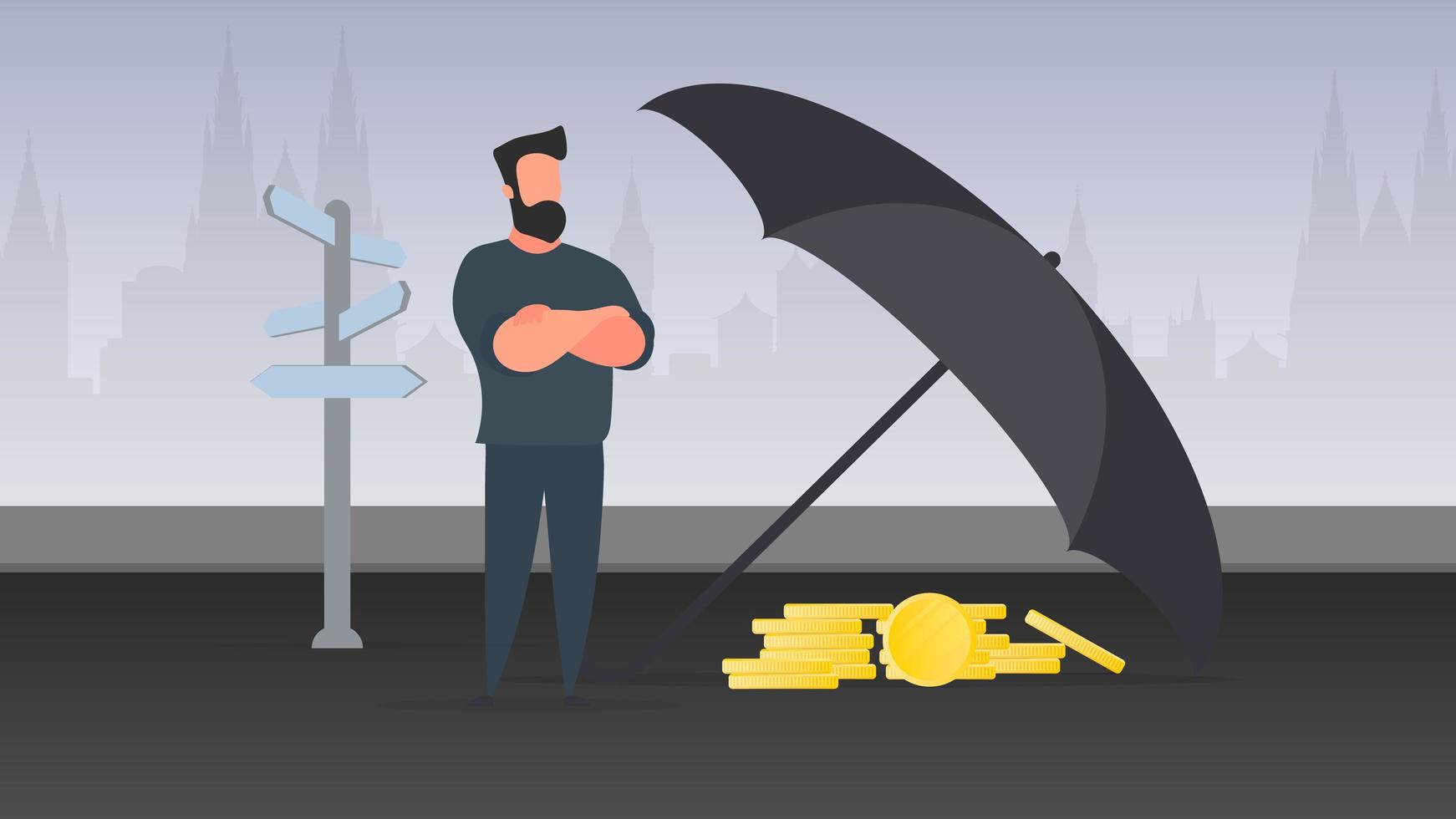 Businessman keeps capital. A large umbrella shelters money from risk and danger. Office Concept of capital saving and investment. Vector. vector