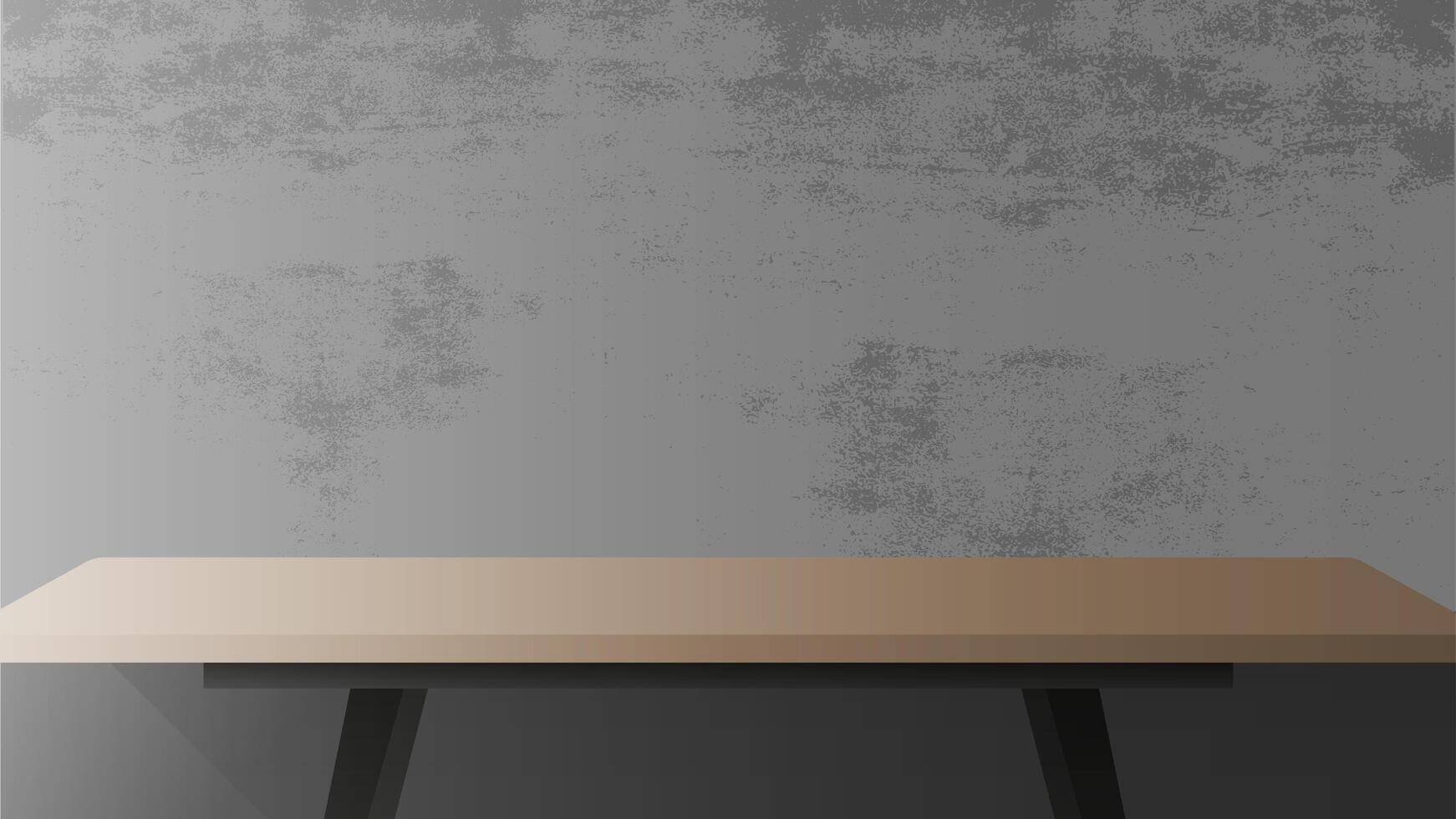 Wooden table with black metal base. Empty table, gray, concrete wall. Vector illustration