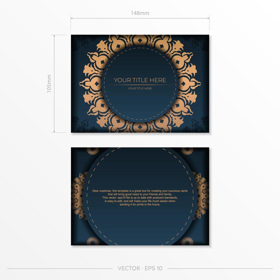 Dark blue postcard template with Indian mandala ornament. Vector