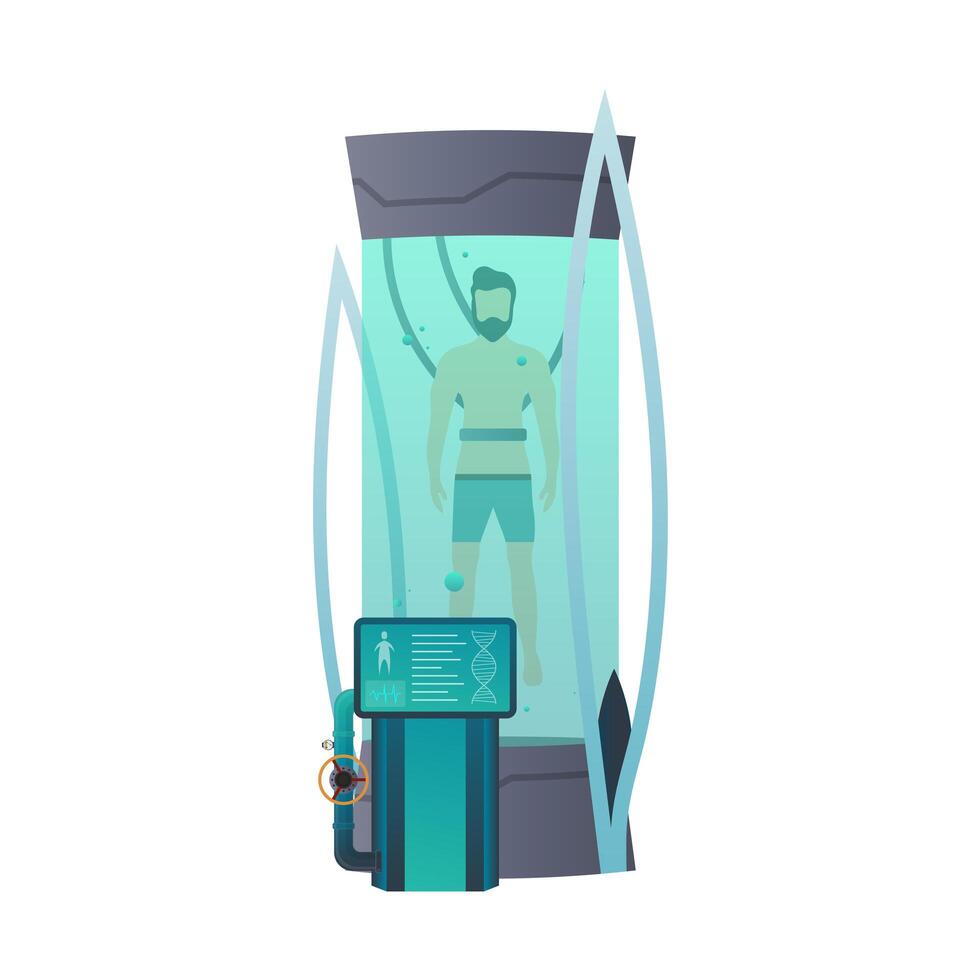 A man in a tank with a computer and a glass door vector