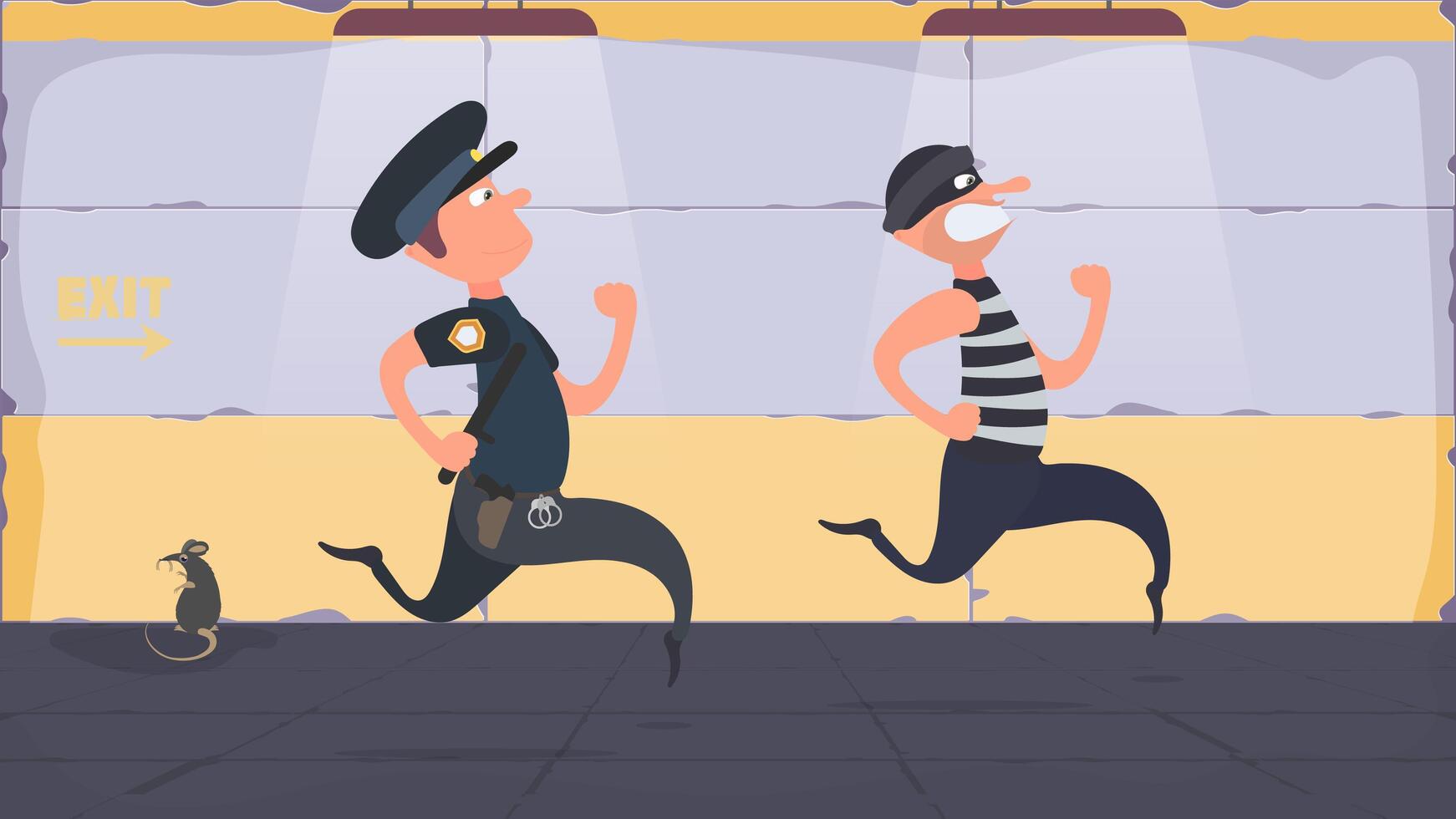 un preso se escapa de la prisión. escapar del criminal. el policía corre tras el criminal. estilo de dibujos animados vector. vector