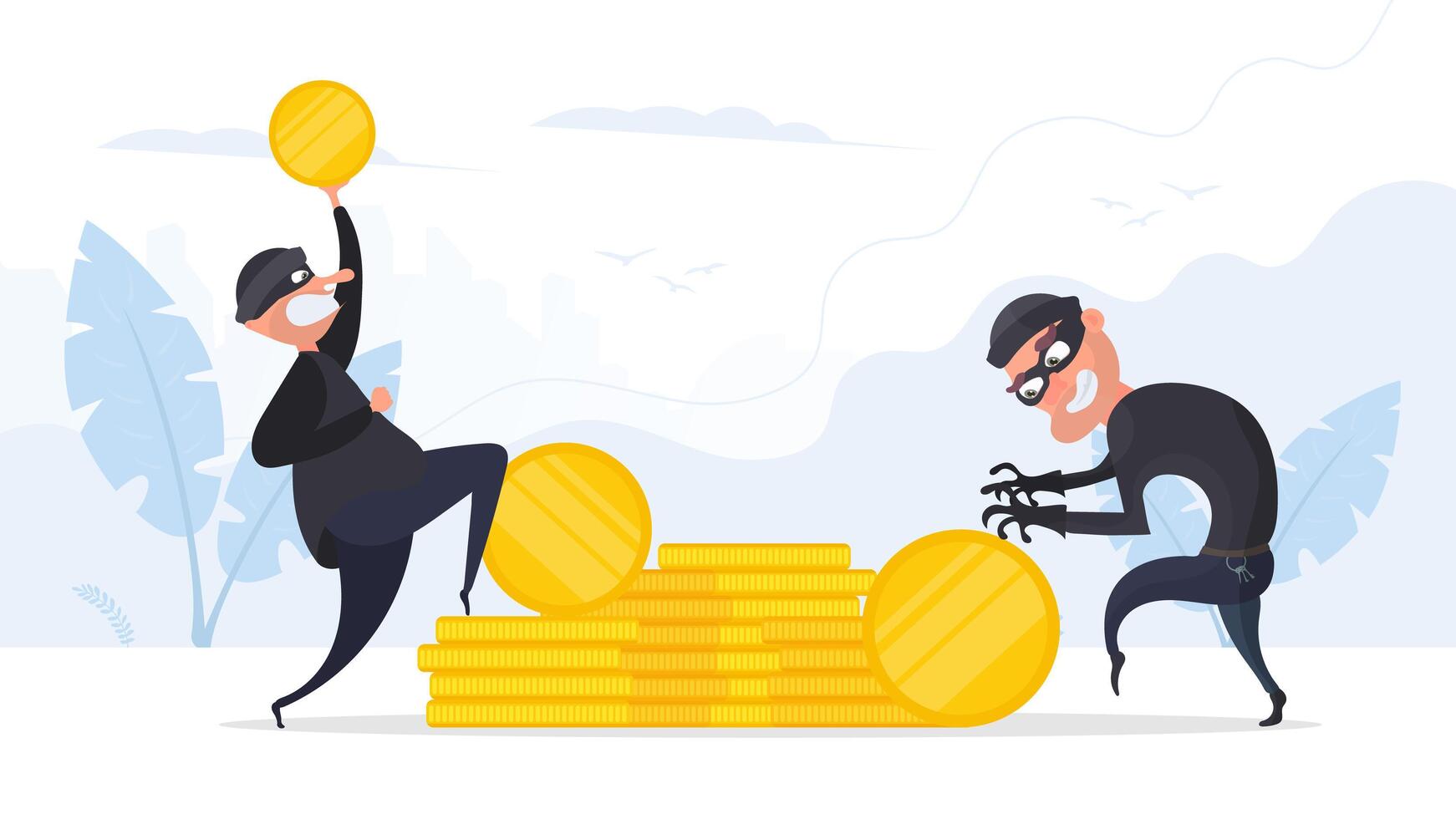 Two robbers steal gold coins. Two thieves are stealing money. Robbery and security concept. Vector. vector