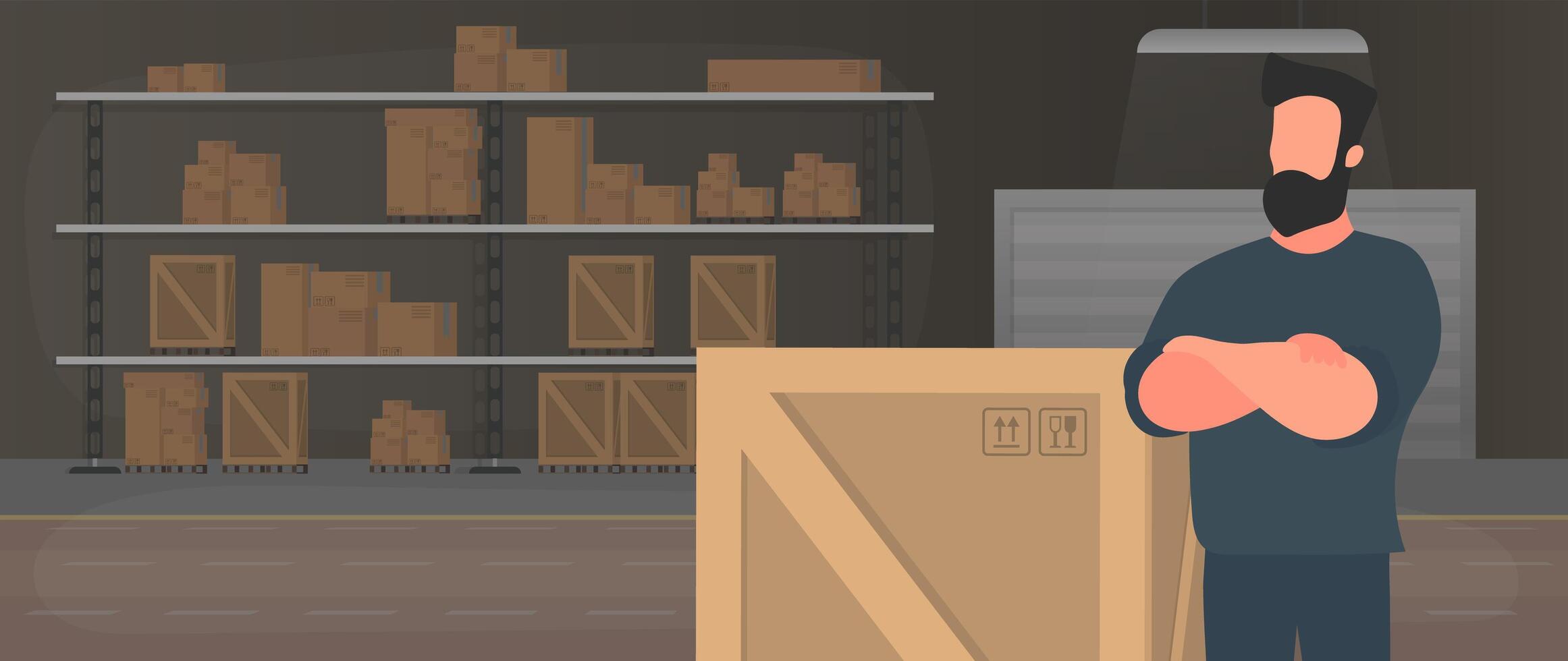 A man stands with a large wooden box. Large pallet. Delivery and transportation concept. Isolated. . vector