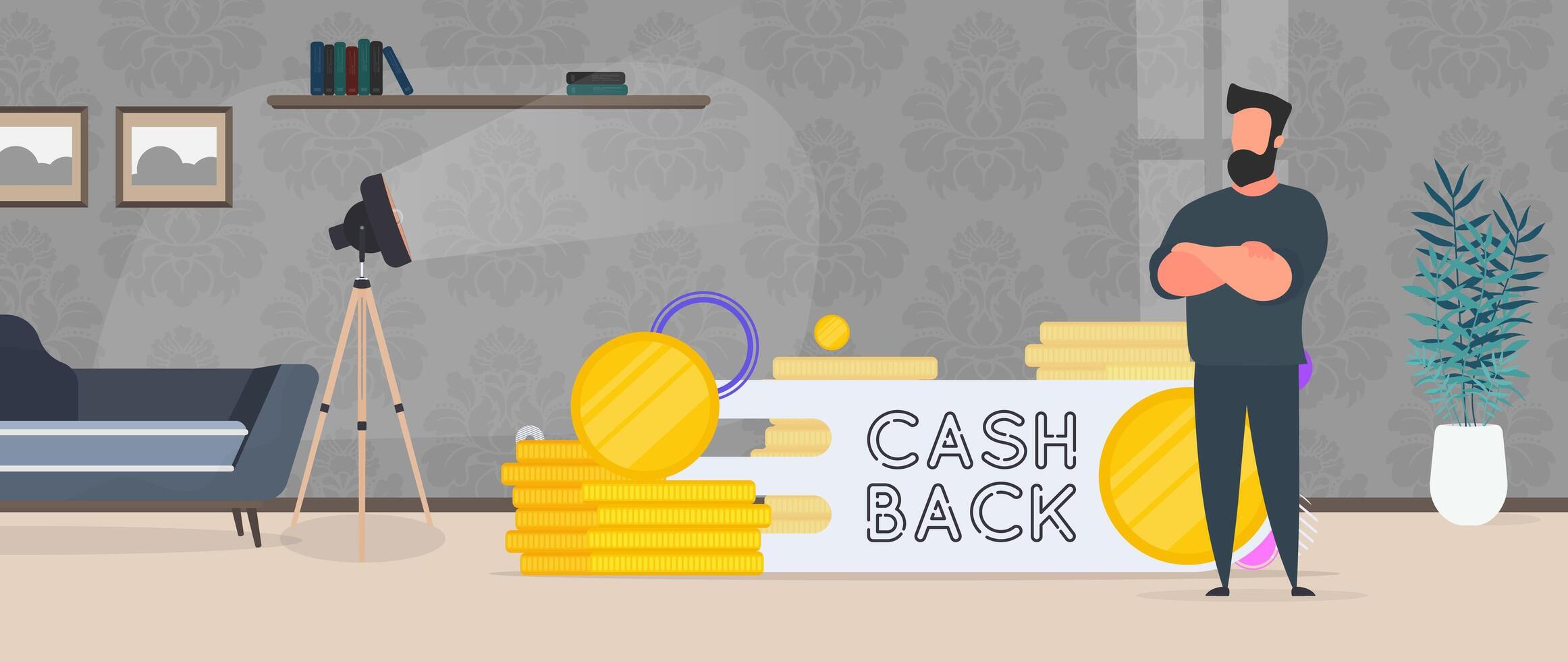 Confident Businessman. Cashback lettering isolated on white background. Golden coins. Composition on the subject of money back. . vector