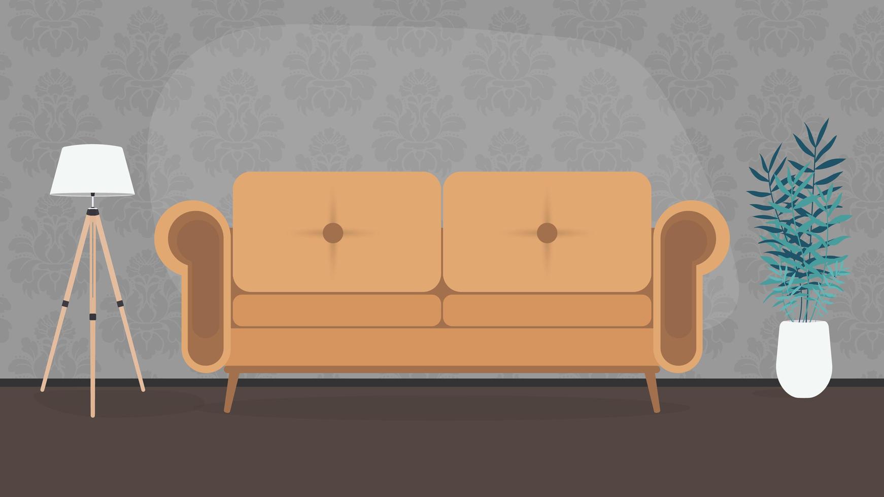 la habitación está hecha en colores oscuros. un sofá elegante y perezoso, una lámpara de pie, una planta de interior en una maceta blanca. papel tapiz gris con un patrón. vector. vector