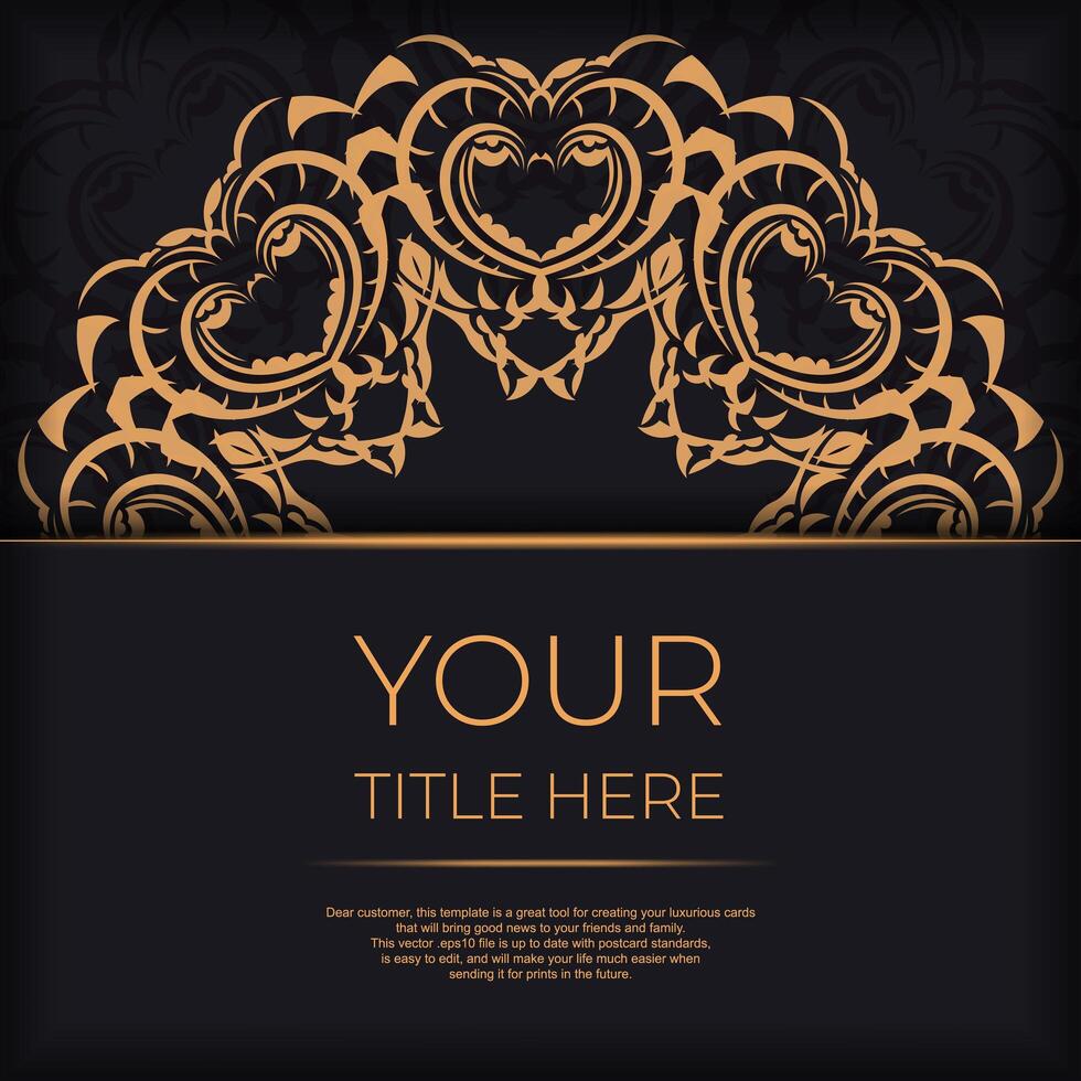 Black luxury postcard design with gold vintage ornament. Can be used as background and wallpaper. Elegant and classic vector elements ready for print and typography.