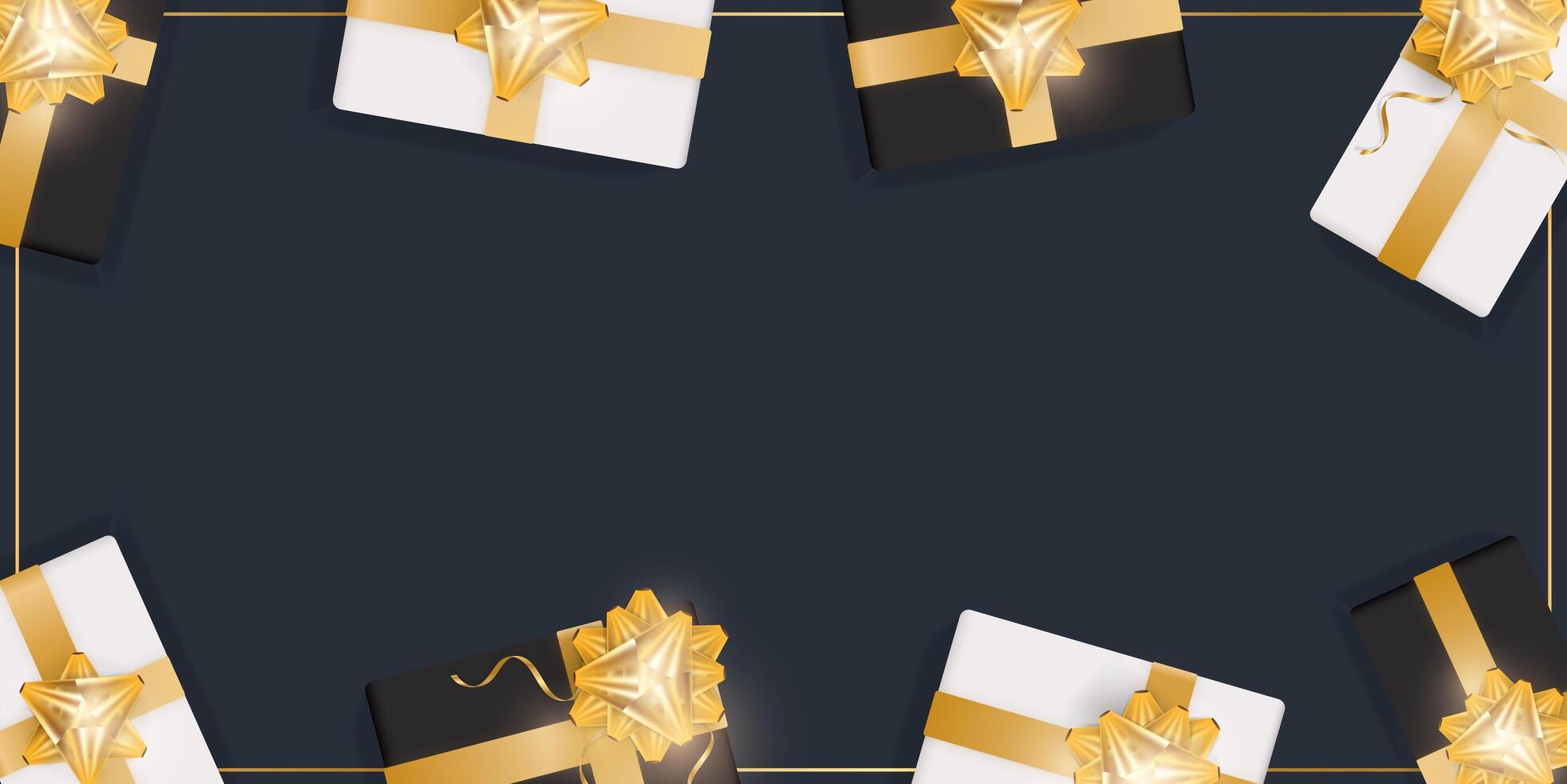 Golden gift boxes on black background with white ribbon vector
