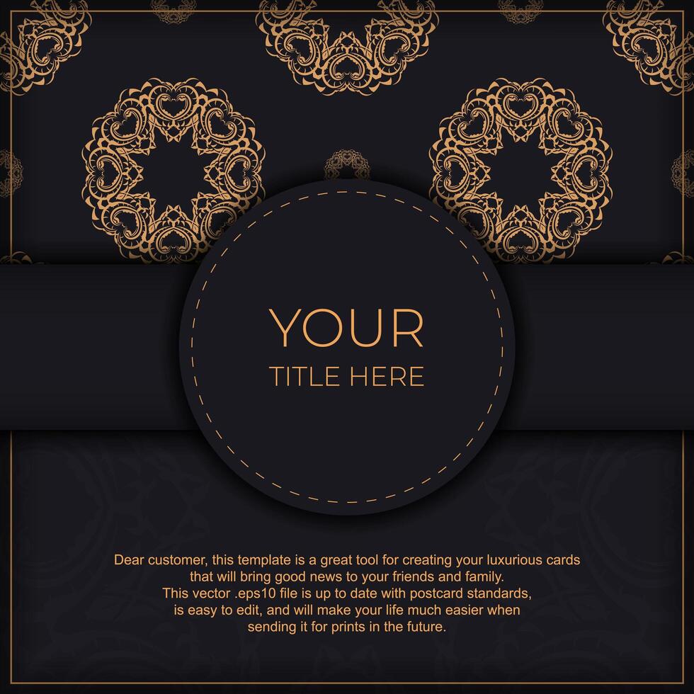 Black luxury invitation card design with vintage Indian ornament. Can be used as background and wallpaper. Elegant and classic vector elements ready for print and typography.