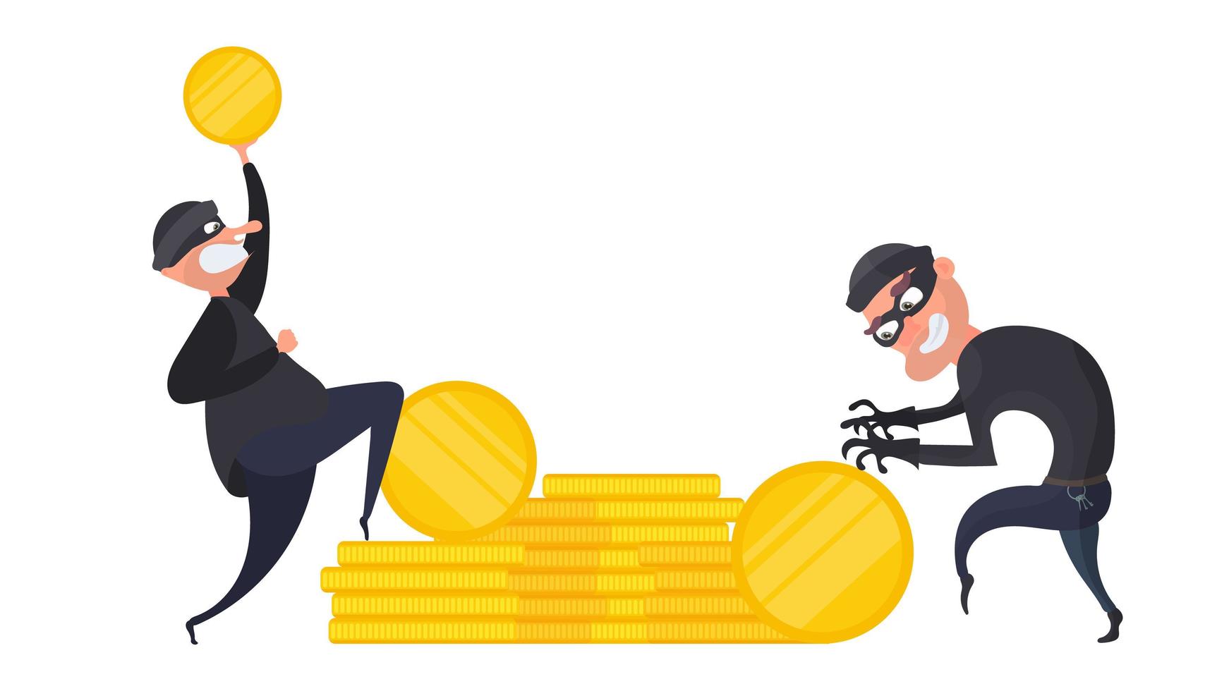 Two robbers steal gold coins. Two thieves are stealing money. Robbery and security concept. Isolated. Vector. vector