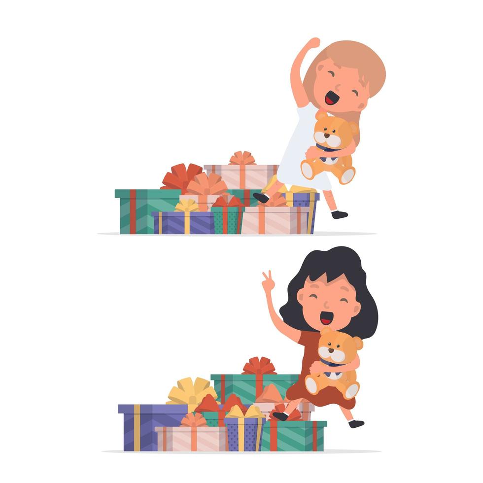 A happy girl with a teddy bear and lots of gifts. Happy child with gifts. Isolated. Vector. vector