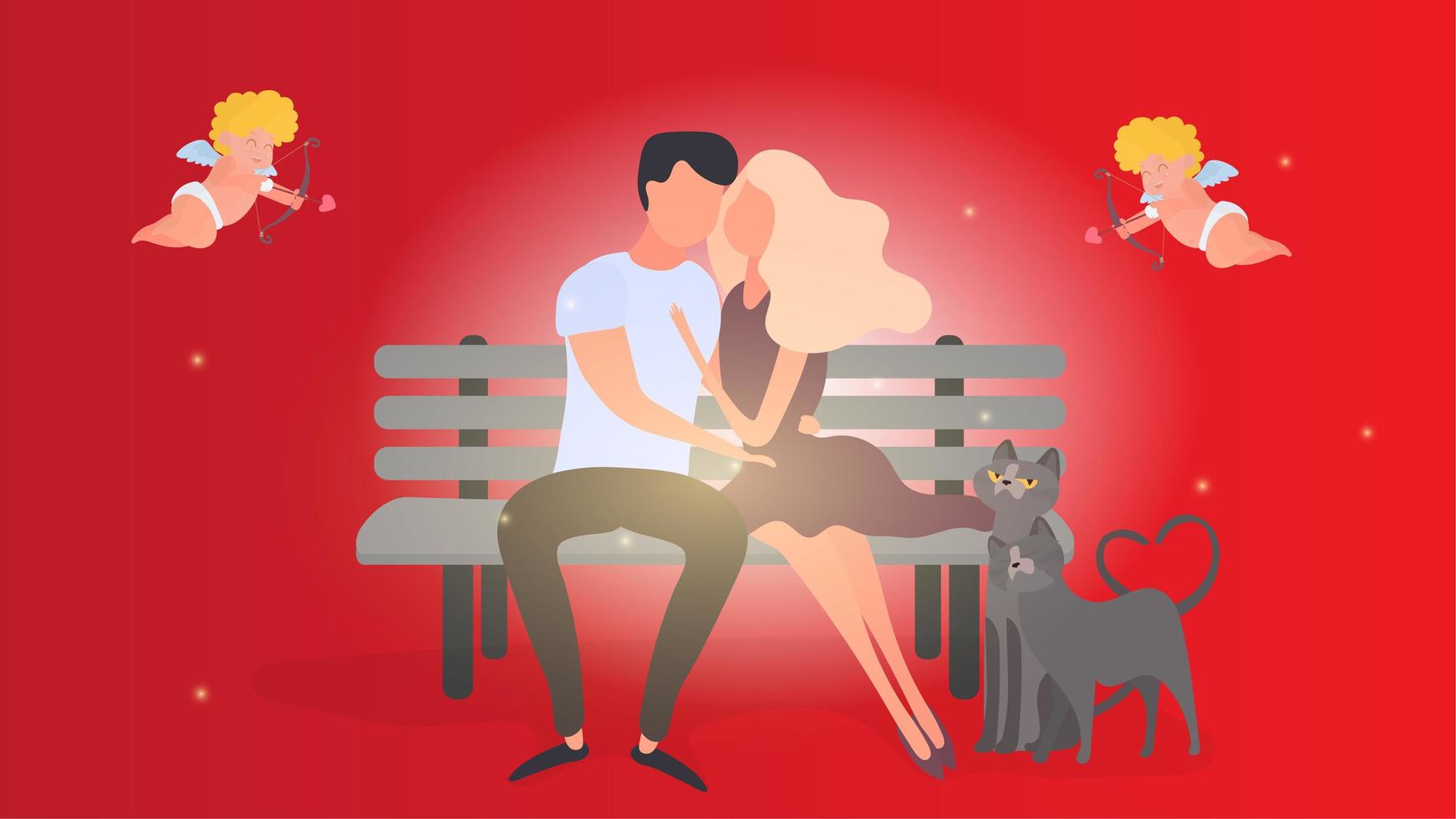 Loving couple cuddling on a bench. Red banner. Boyfriend, girl, cats, hugs, love, cupids. Design element on the theme of Valentine's Day. Vector. vector