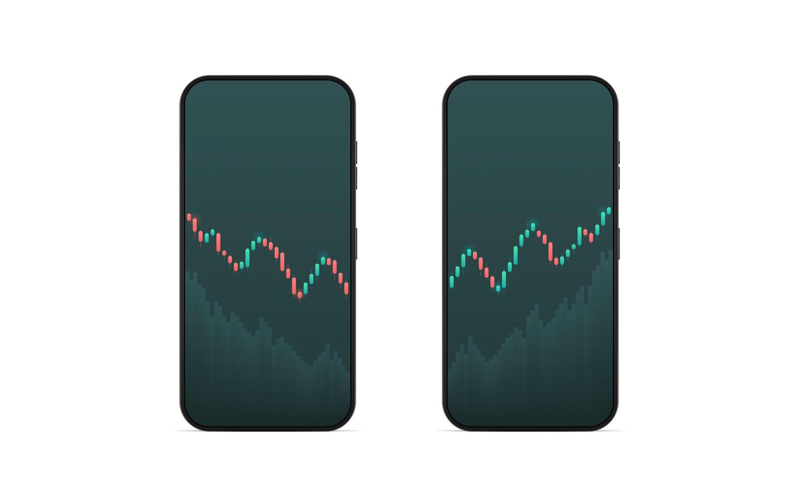 Phone with display of stock market quotes. Candlestick on a white background. Investment trading in the stock market. Vector illustration.