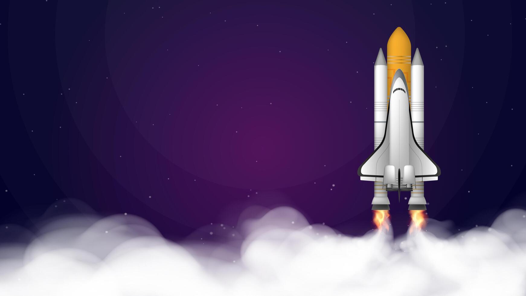 Purple banner on the theme of the cosmos of the cosmos. Space shuttle. Fighter. The booster takes off. Place under your text. . vector