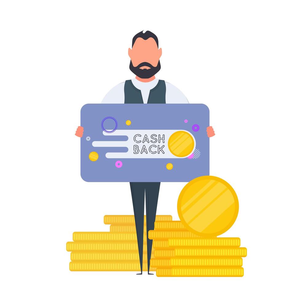 A man holds a banner with the inscription cashback. The guy with the table. The concept of saving money and cashback. Isolated. . vector