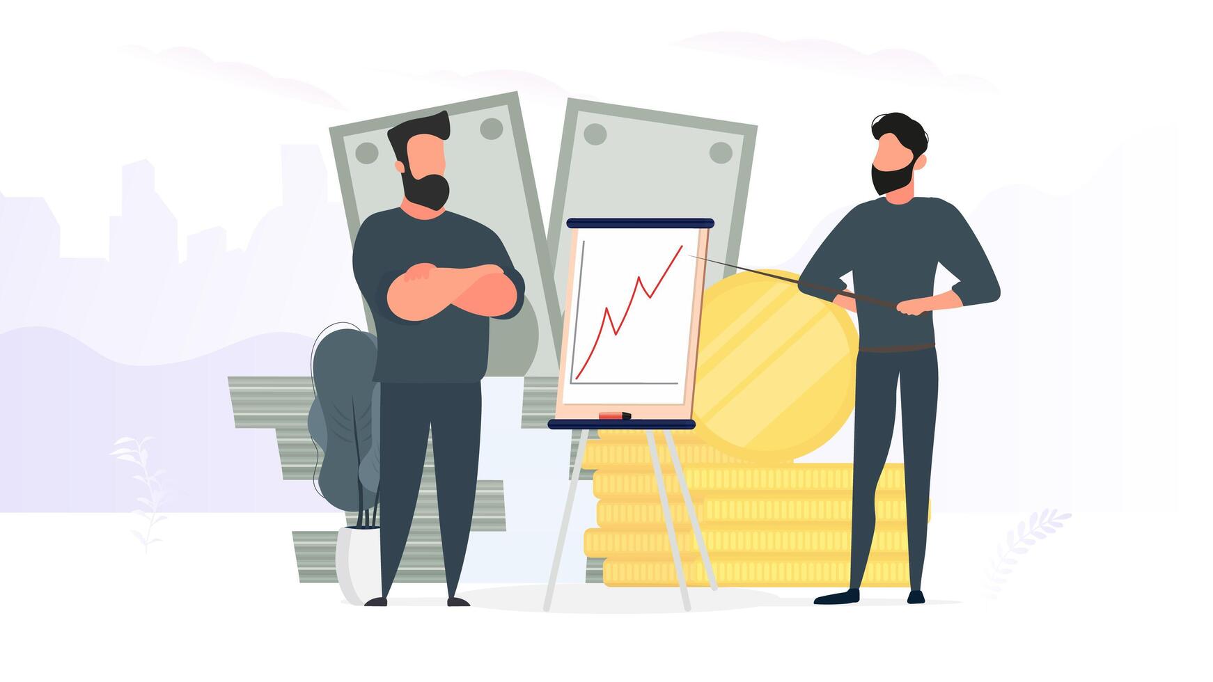 The guy shows a report to the boss. Presentation with positive dynamics. Board for paper. Infographics. Business growth. . vector